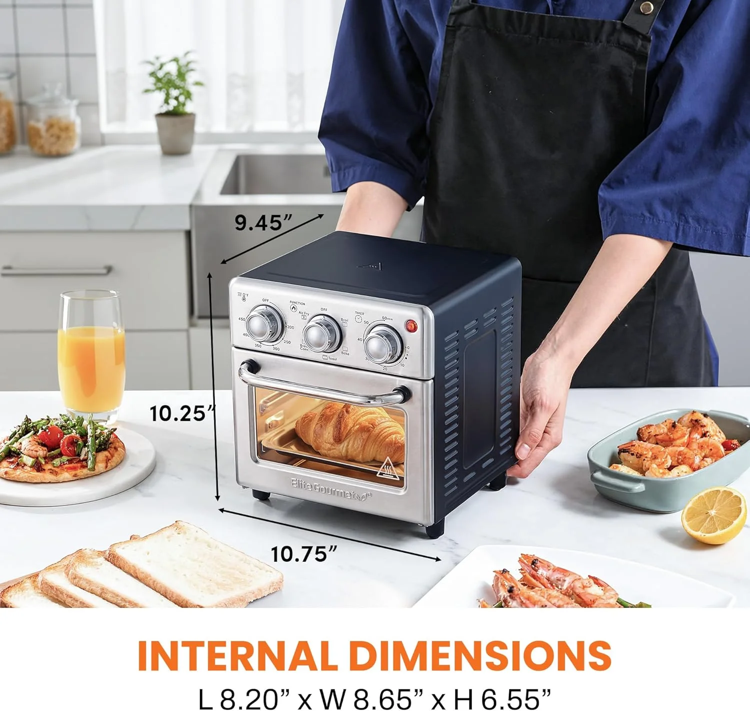 EAF0852SS 8.5Qt. Capacity Air Fryer Oven, Air Fry, Broil, Toast, Bake & Broil with Convection, Time and Temperature Controls, 800-, Includes 25 Delicious Recipes, Stainless Steel