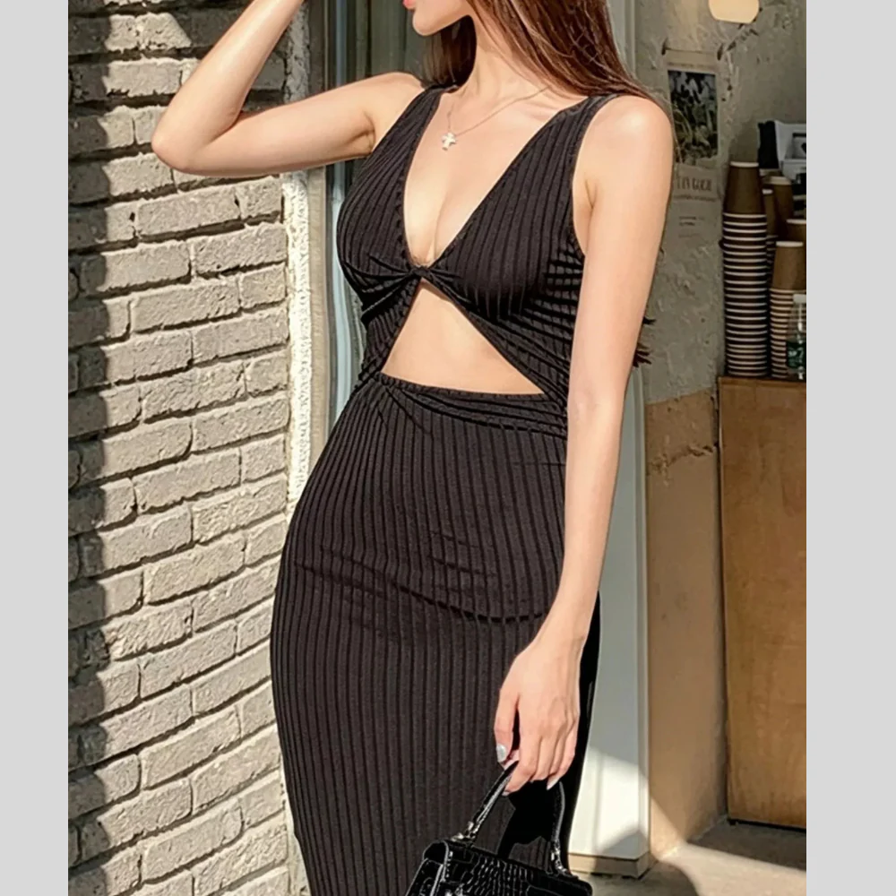Sleeveless Ribbed Knit Cutout Bodycon Midi Dress - ZKZOOK