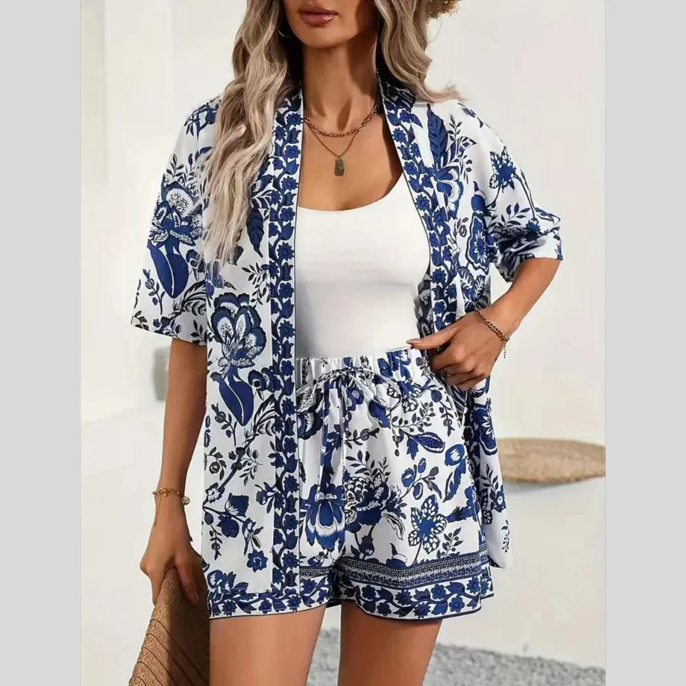 Printed Open Front Cardigan and Shorts Set - ZKZOOK