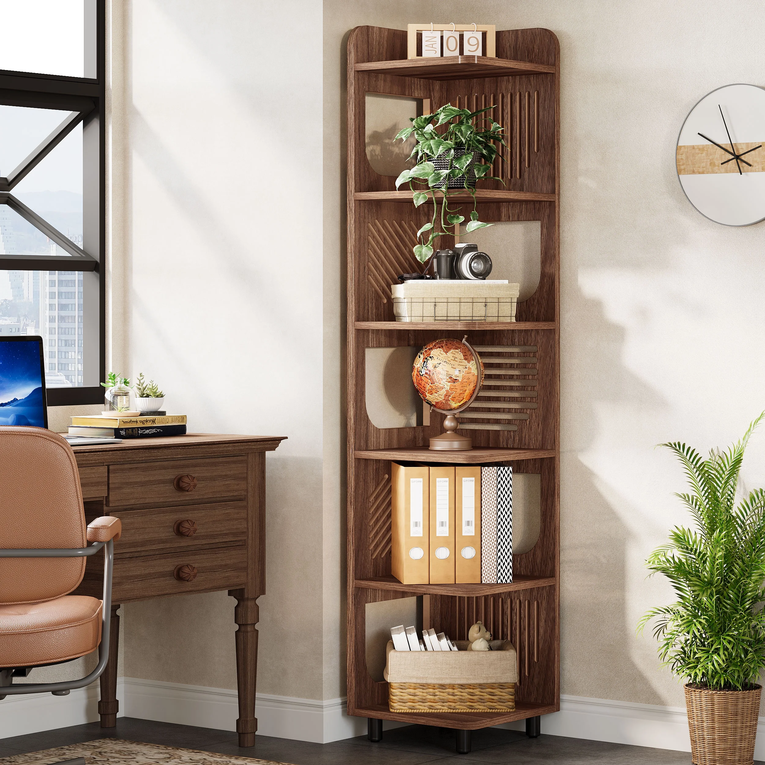 Fnova 71" 6-Tier Tall Corner Bookshelf, Rustic Wooden Narrow Corner Bookcase with Artistic Square Rack, Freestanding Display Storage Shelf for Space-Saving Home Organizing - Image 5