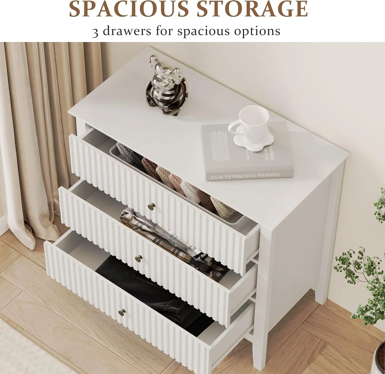 Heynemo Beige 6 Drawer Dresser, Fluted Modern Wood Chest - Image 15