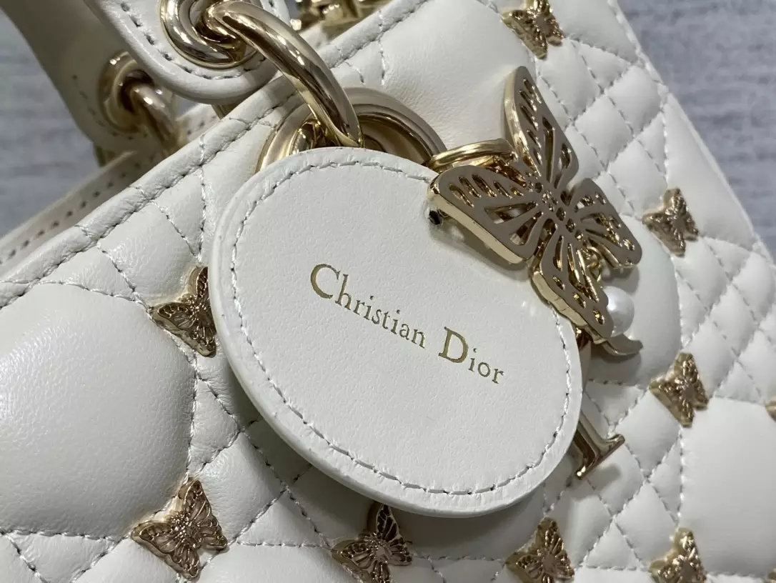 Medium Lady D-Joy Bag White Cannage Lambskin with Gold-Finish Butterfly Studs1:1High-quality replica