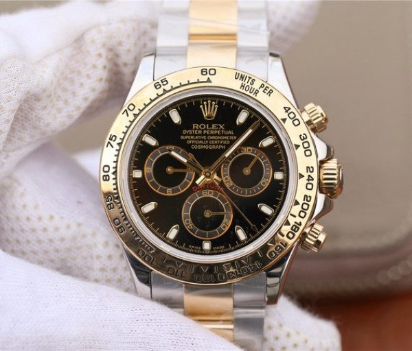 Replica Rolex Daytona 116523 Thick YG Wrapped Black Dial Sticks Markers SS/YG Bracelet A7750 - Elite Watch Atelier