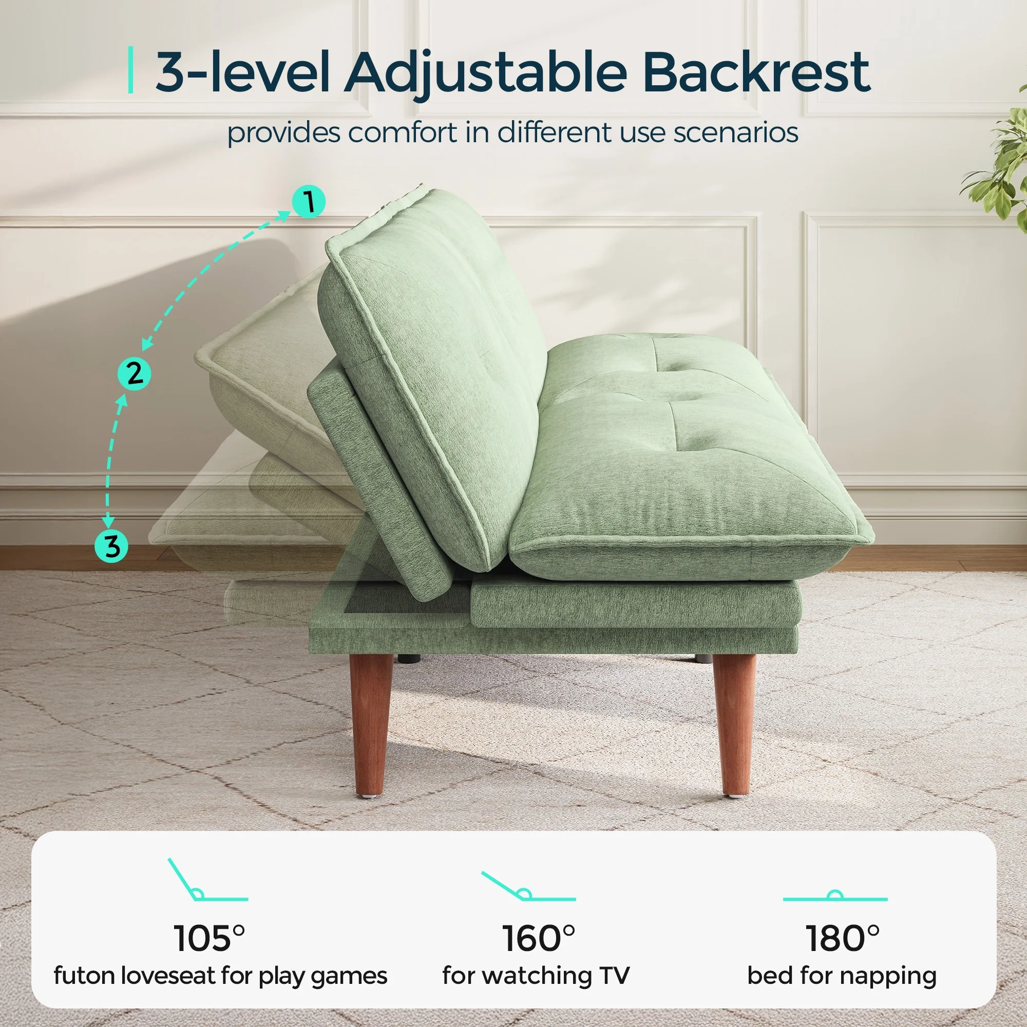 Linsy Home 70" W Chenille Convertible Futon Sofa Bed with Adjustable Armrests, Green - Image 4