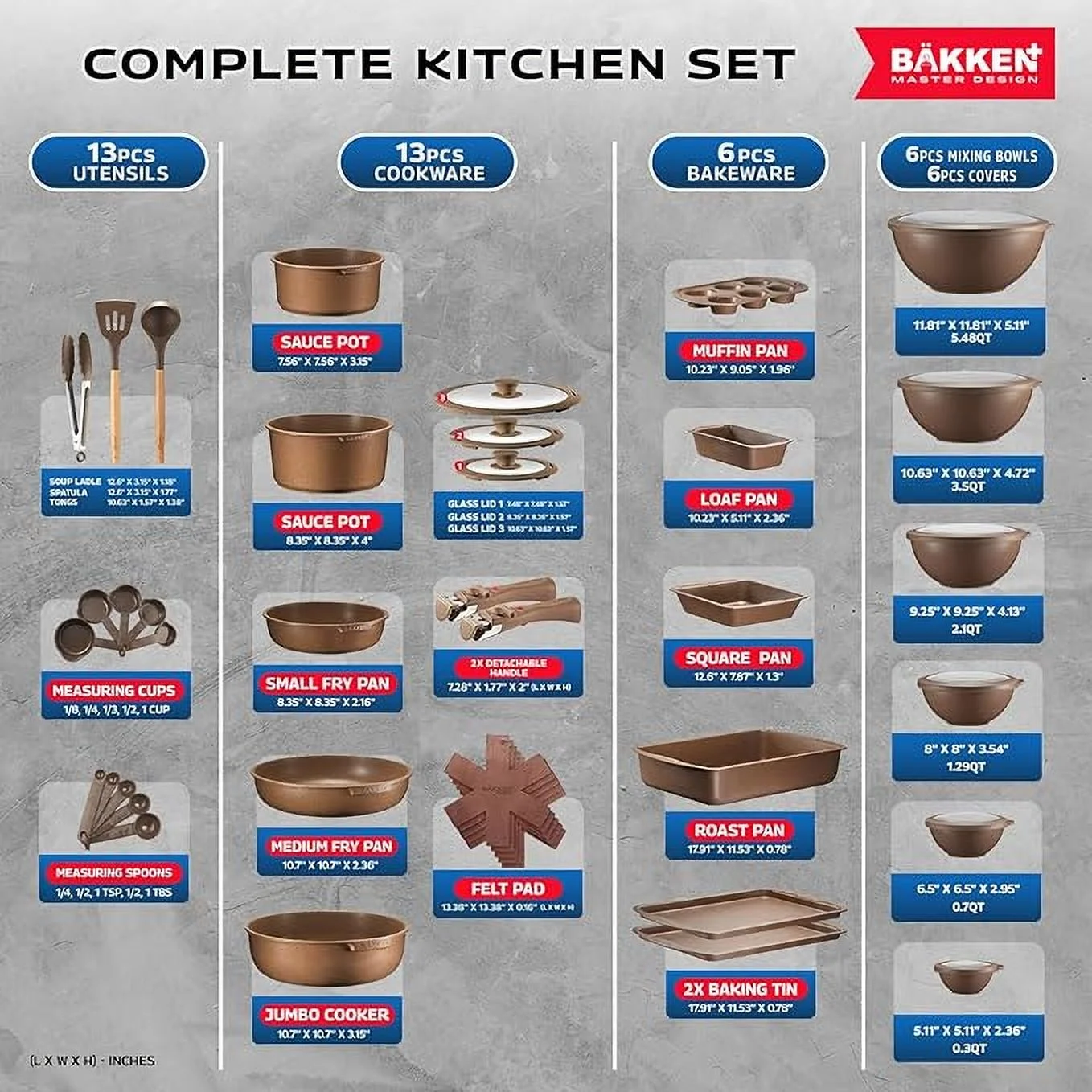 Bakken Master 38 Piece Granite Cookware and Bakeware Set �C Nonstick Granite Coating, Pots and Pans with Detachable Handles and Tempered Glass Lids, 6-piece Bakeware set, 12-piece Mixing Bowls,Brown