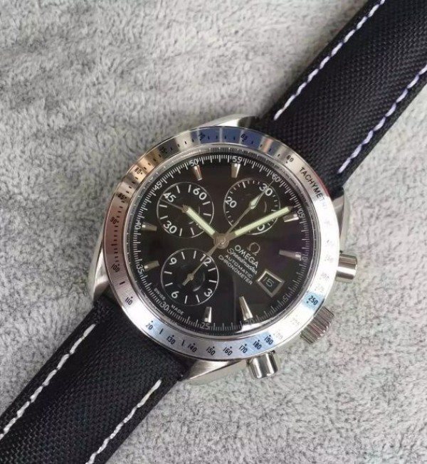 Replica Omega Speedmaster 3210 Black Dial Black Nylon Strap Back through A7750 - Elite Watch Atelier