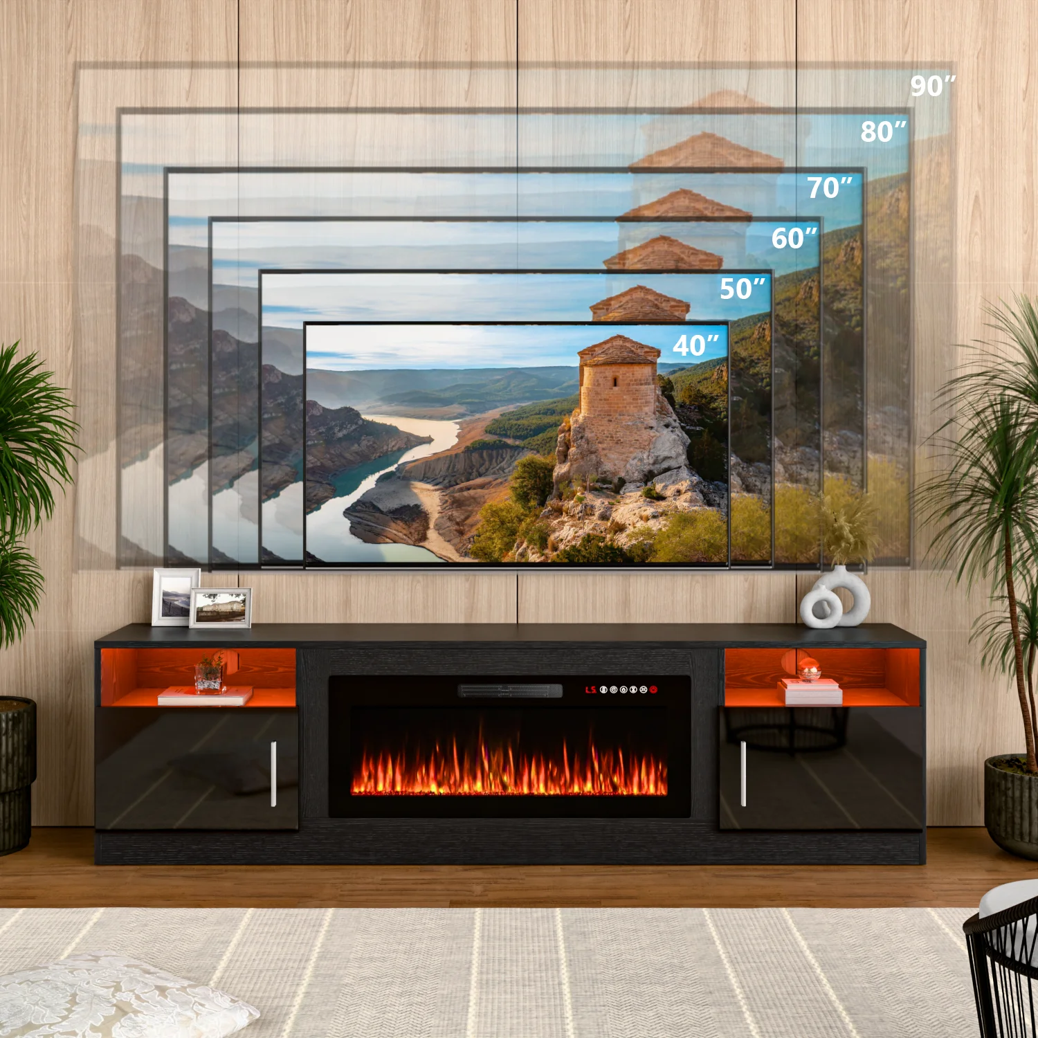 Waleaf Fireplace TV Stand with 36" Electric Fireplace Up to 80" TVs, Modern Wood Media TV Console with Highlight Cabinet, White - Image 27