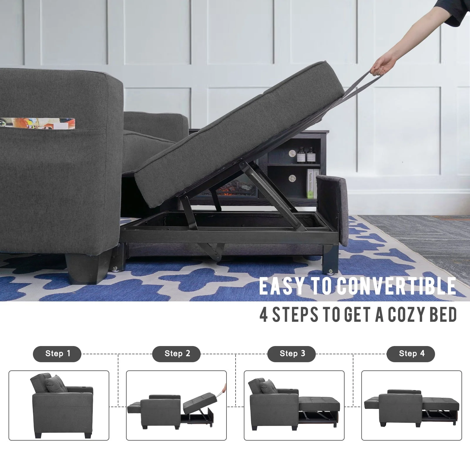DURASPACE 3 in 1 Convertible Sleeper Chair Bed with Usb Port, Linen Pull Out Chair Indoor, Dark Gray - Image 4