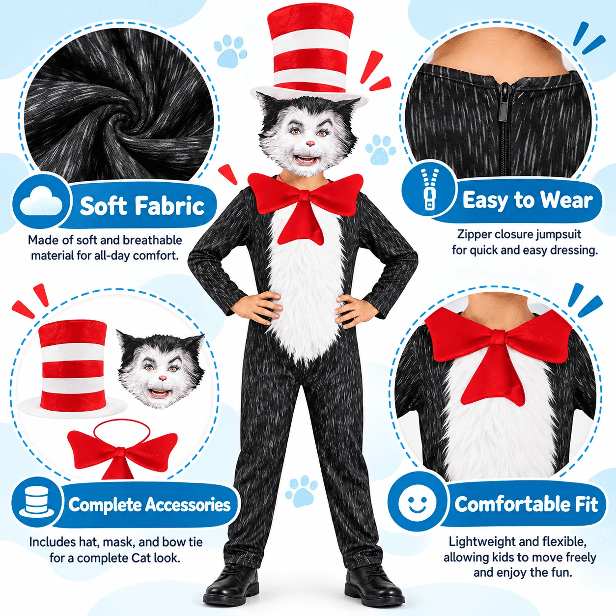 4-Piece Cat Halloween Cosplay Costume for Kids, Scary Cat Jumpsuit Set with Mask, Striped Hat & Bow Tie for Boys & Girls, Ages 11-12 - Image 5 4-Piece Cat Halloween Cosplay Costume for Kids, Scary Cat Jumpsuit Set with Mask, Striped Hat & Bow Tie for Boys & Girls, Ages 11-12 - Image 5