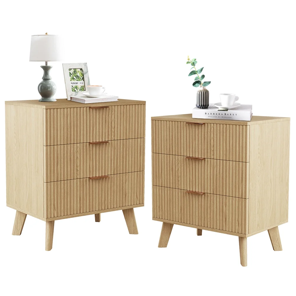 YOCWO Fluted Nightstand for Bedroom Set of 2 , Wood Bedside Table Set of 2 with Drawers, Black - Image 112