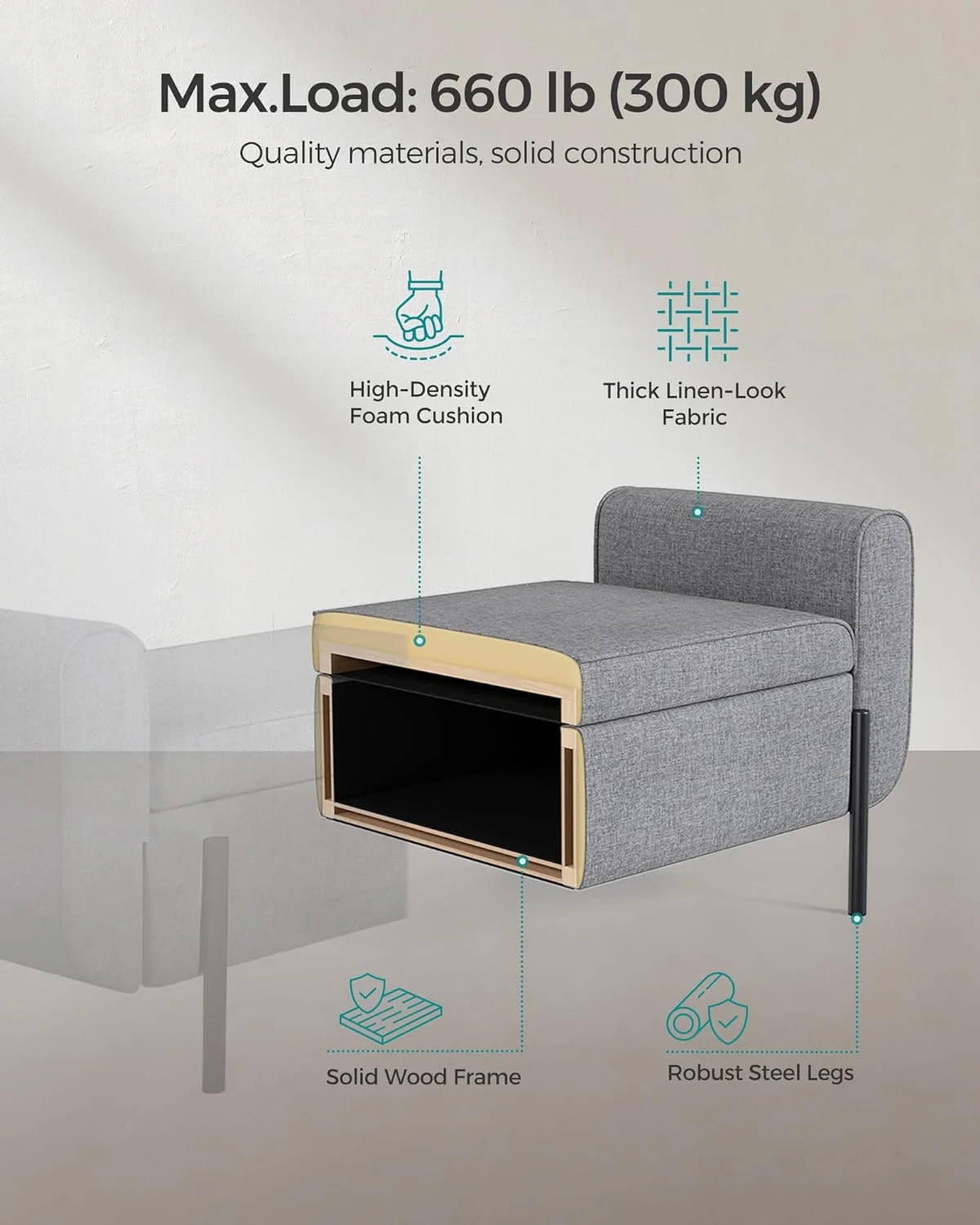SONGMICS 46.5" Storage Ottoman Bench Storage Bench Bedroom Bench 330lb Load Capacity Solid Wood Legs Light Gray - Image 21
