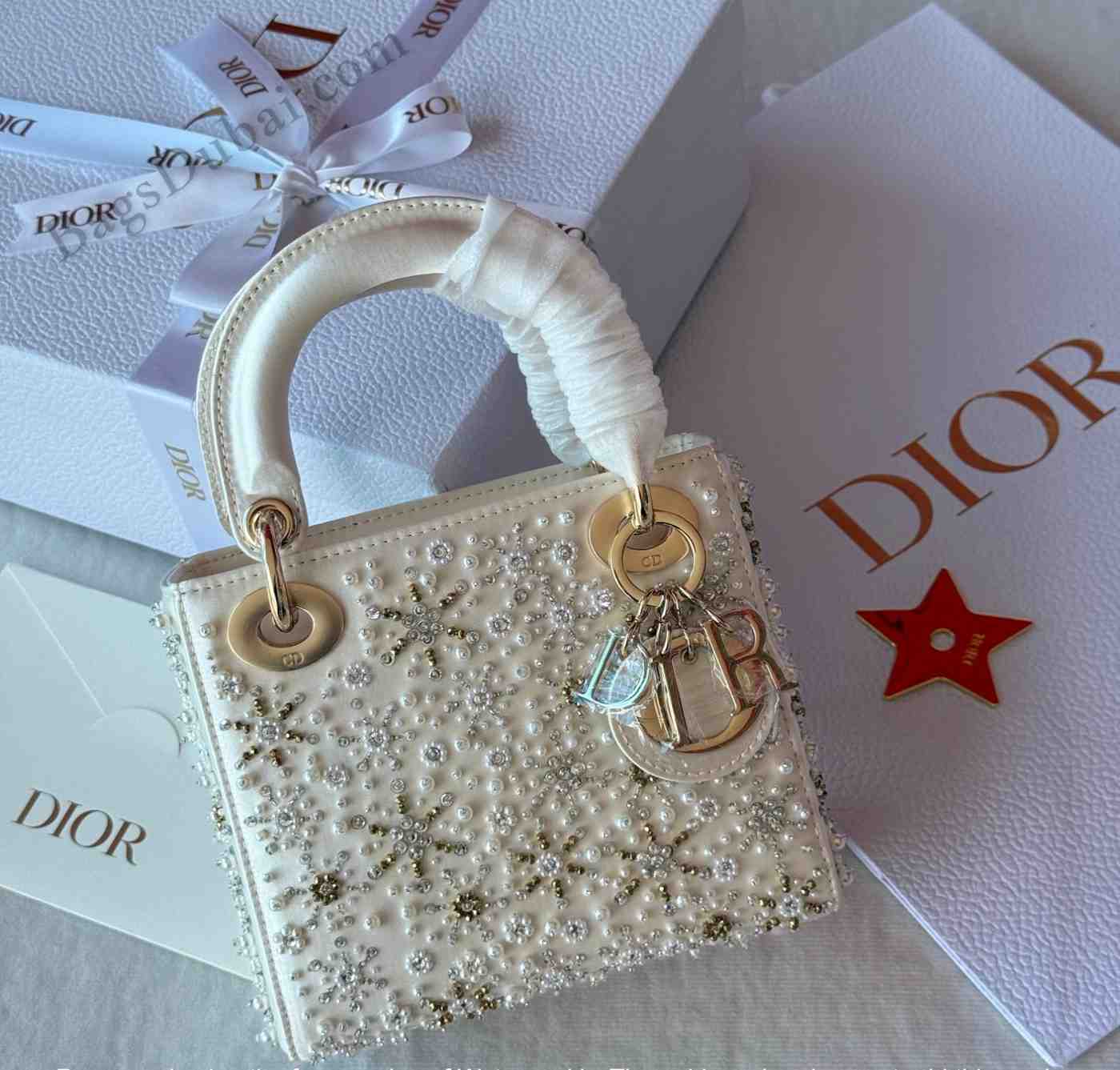 Dior Mini Lady Dior Cannage Crystal Satin Embroidered Bag In Dubai