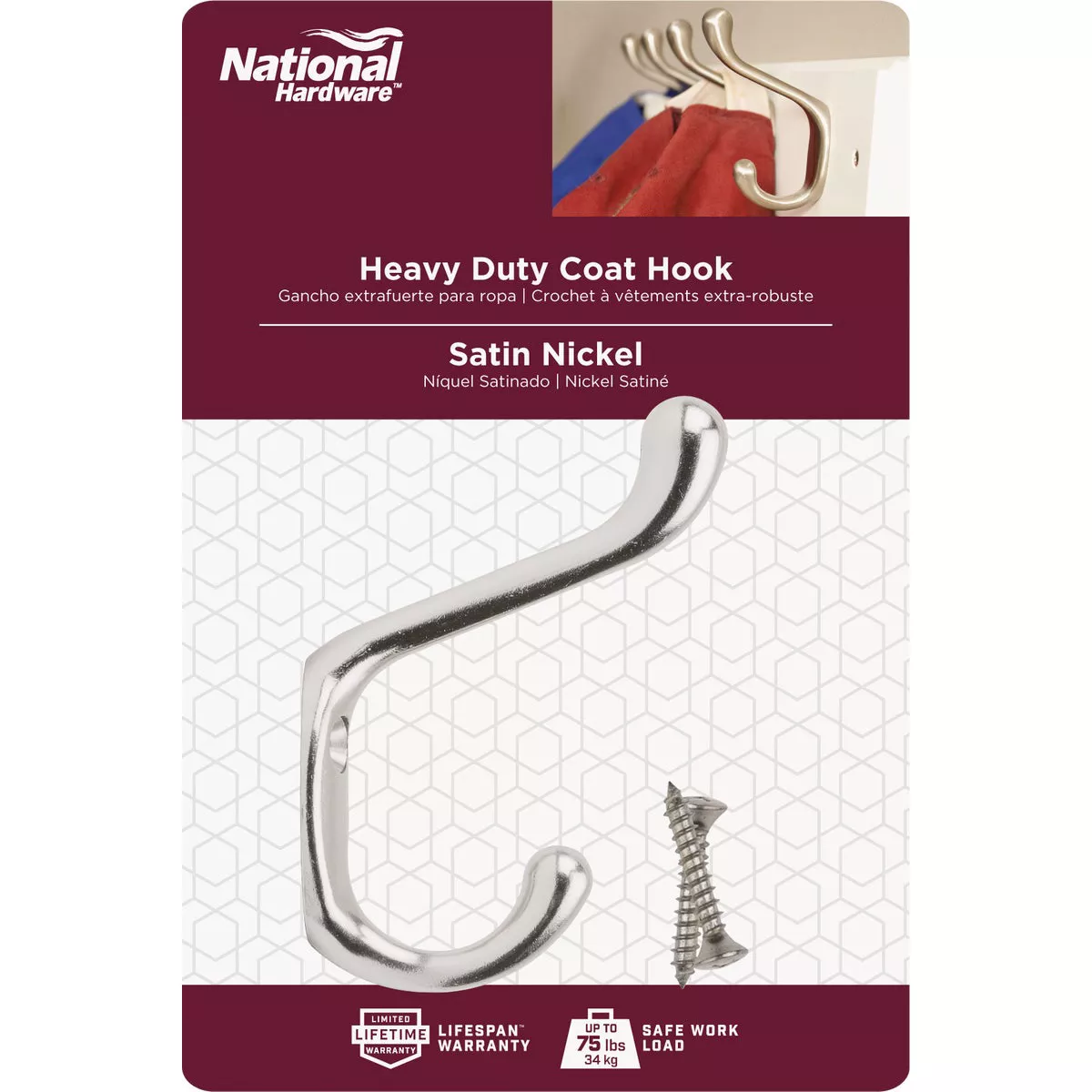 National Hardware Heavy-Duty Satin Nickel Coat & Hat Hook