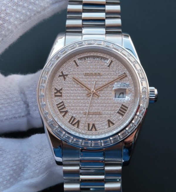 Replica Rolex Day-Date 218399 Roman Numerals SS Full Diamonds A3255 - Elite Watch Atelier