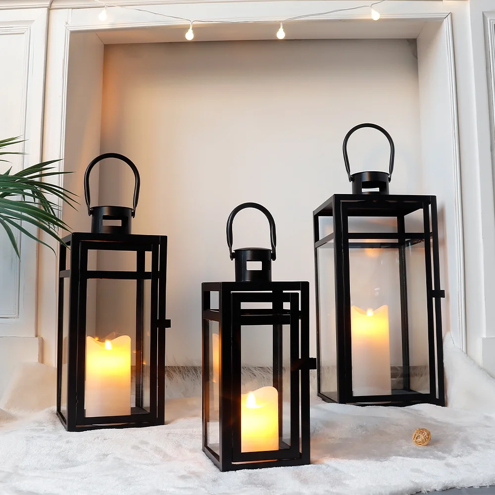 Stainless Steel Lantern Set of 3 12/15/19" Metal Lanterns with Tempered Glass for Parties & Events (Silver ) - Image 24