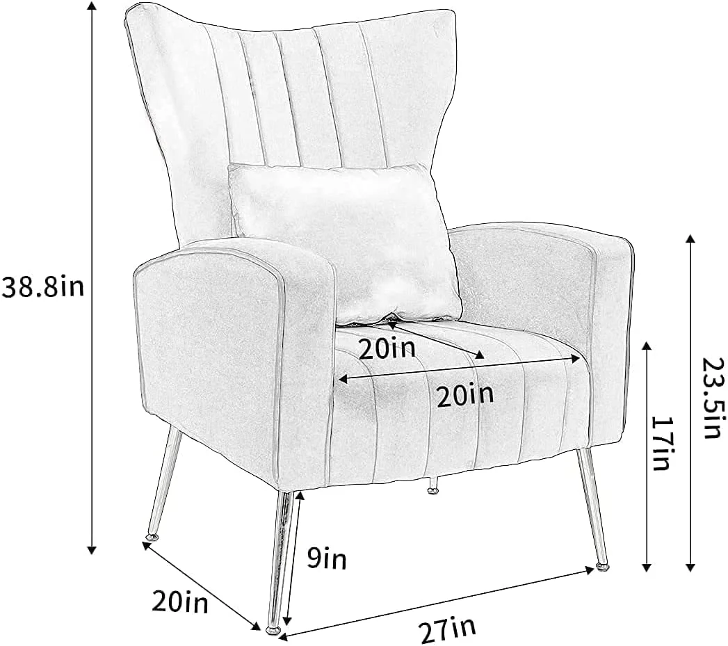 Newnno Living Room Chairs Velvet Accent Chair with Lumbar Pillow, High Back Armchair Mid Century Modern Vanity Chair for Bedroom with Armrest, Arm Chair with Golden Metal Legs, White