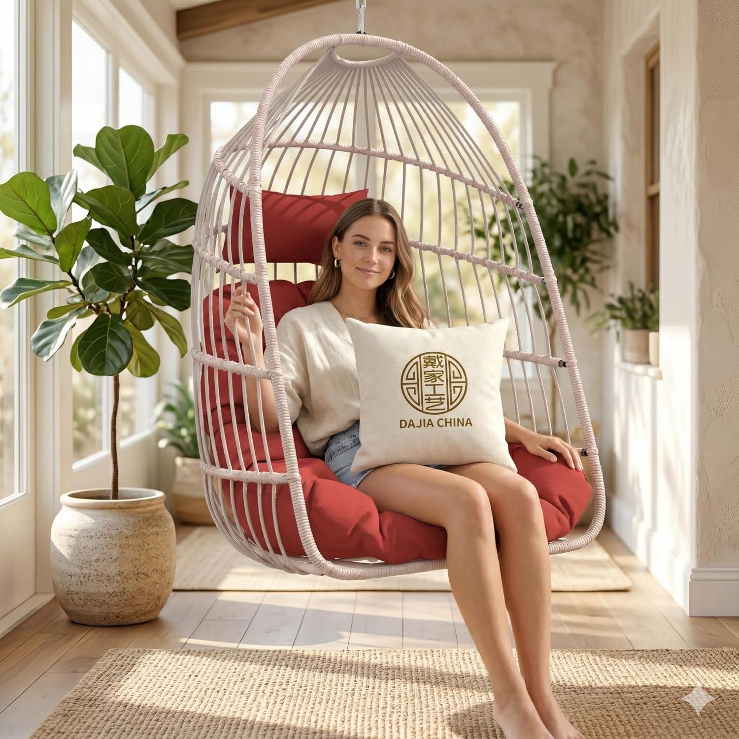 Hanging Egg Chair Without Stand, HDPE Rattan Foldable Swing Chair with Pillow, Aluminum Frame & UV Resistant Cushion for Indoor Outdoor Bedroom Garden, 350Lbs Capacity (Red)