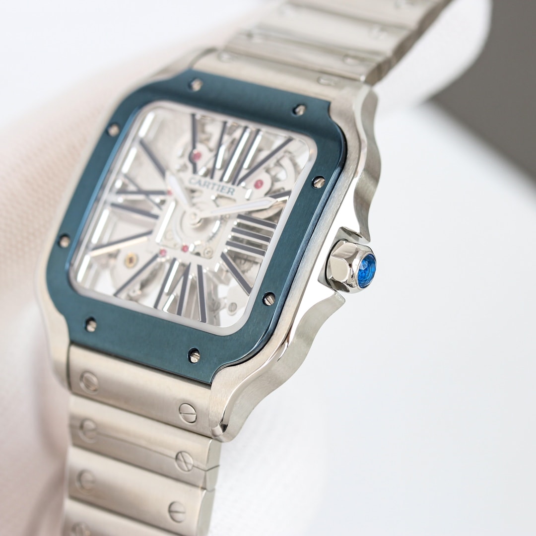 Fake Cartier Watch Santos large model mechanical movement with manual winding caliber Steel Blue Skeleton Dial WHSA0026 TWF(1:1 replica) - Top club
