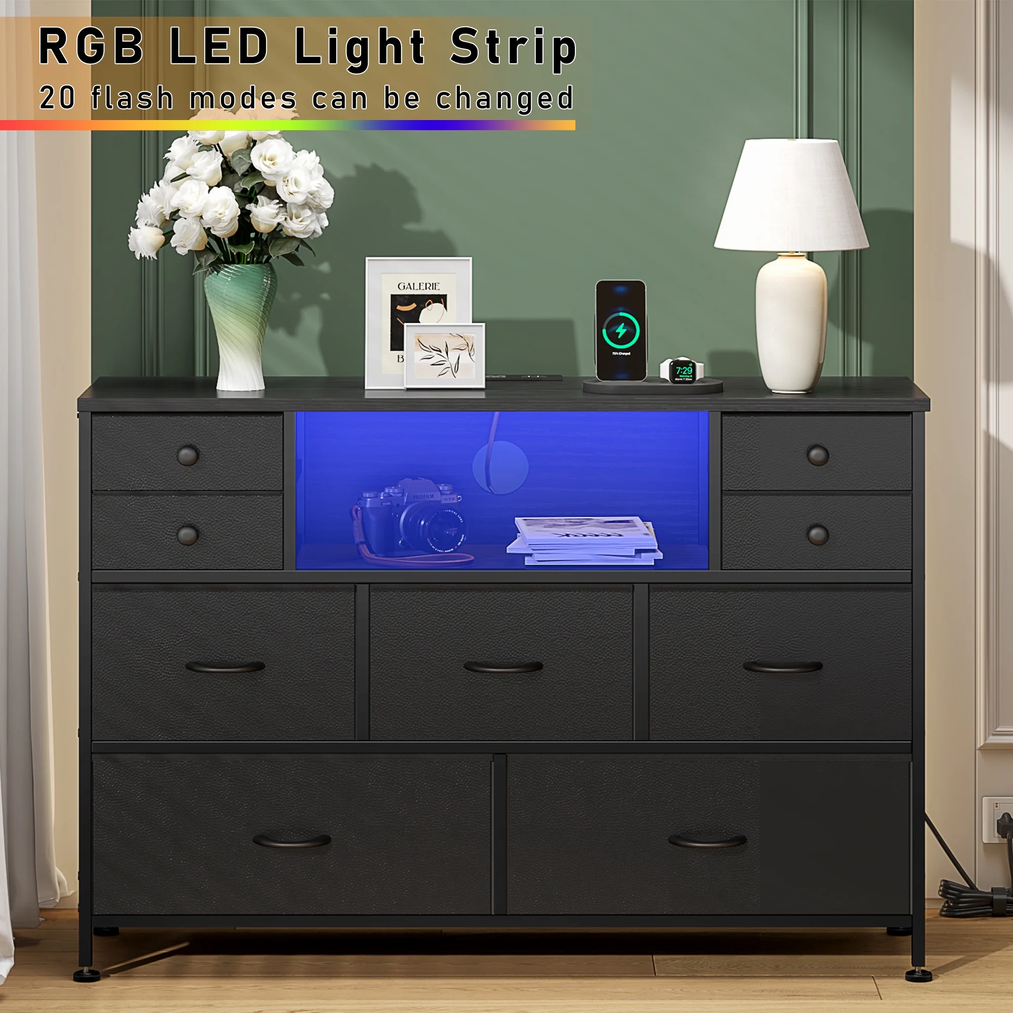 GIKPAL 9 Drawer Dresser, Dressers for Bedroom TV Stand with Power Outlets LED Lights, Fabric Chest of Drawers Black Dresser TV Stand for up to 50