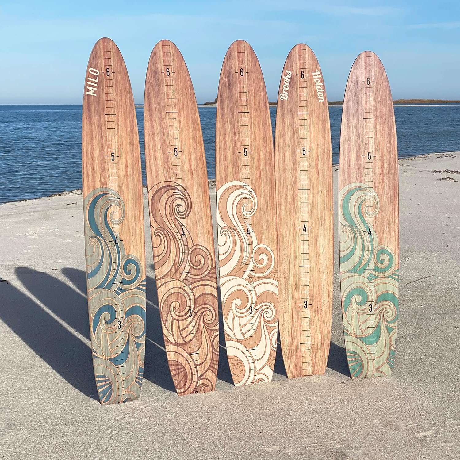 HEADWATERS STUDIO Personalized Wooden Surfboard Growth Chart for Wall, Surfboard Wall Decor, Surfboard Wall Art, Surf Decor, Surfboard Height Chart, Wood Surfboard Decor - Seaside (Shorty & Regular)