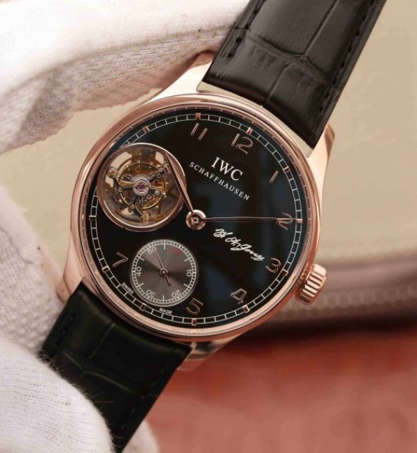 Replica IWC AZ Portuguese Flying Tourbillon SS Black Dial Leather Strap - Elite Watch Atelier
