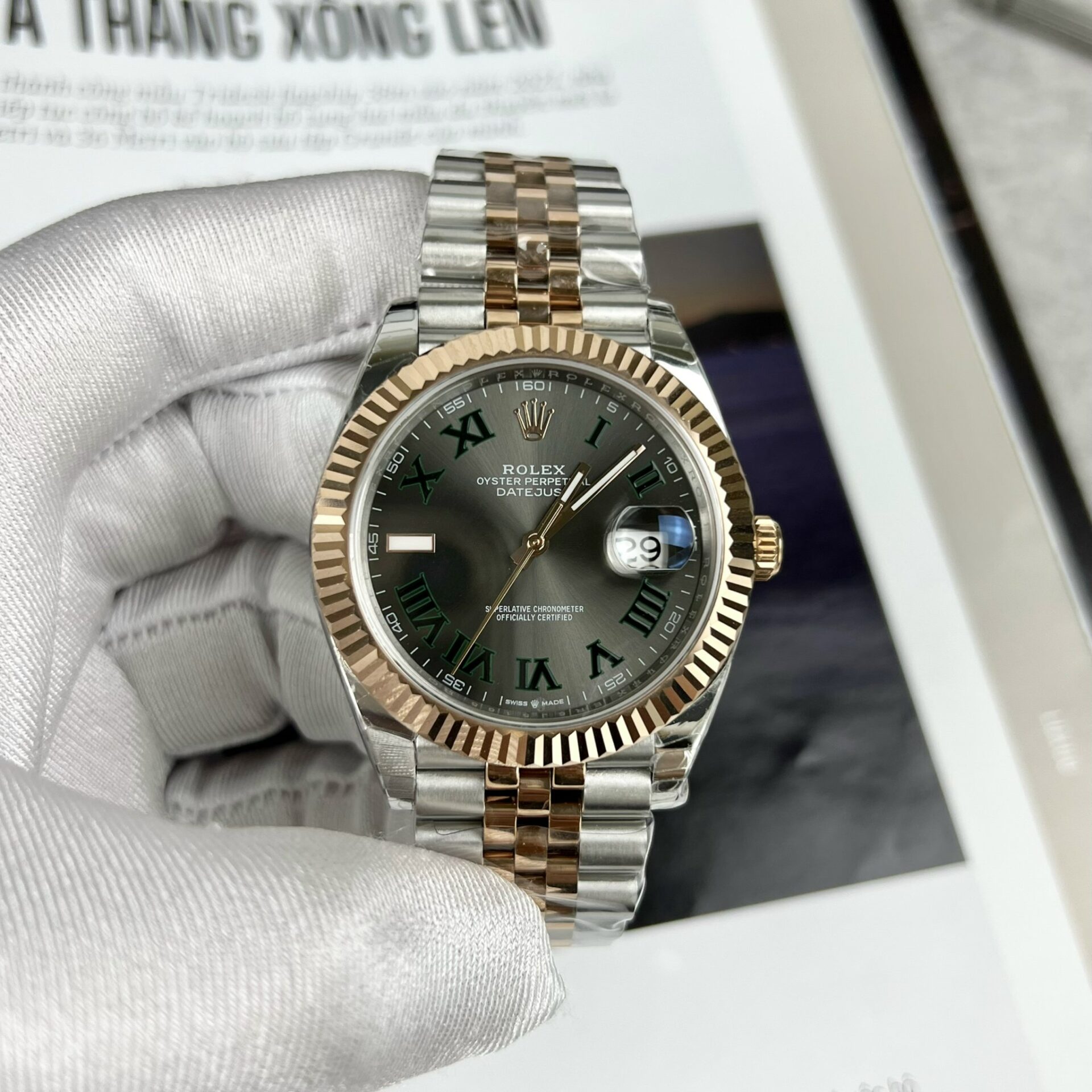 Rolex Replica Watch DateJust Wimbledon Dial Demi Strap Rose Gold Plated EW 41mm - Elite Watch Atelier