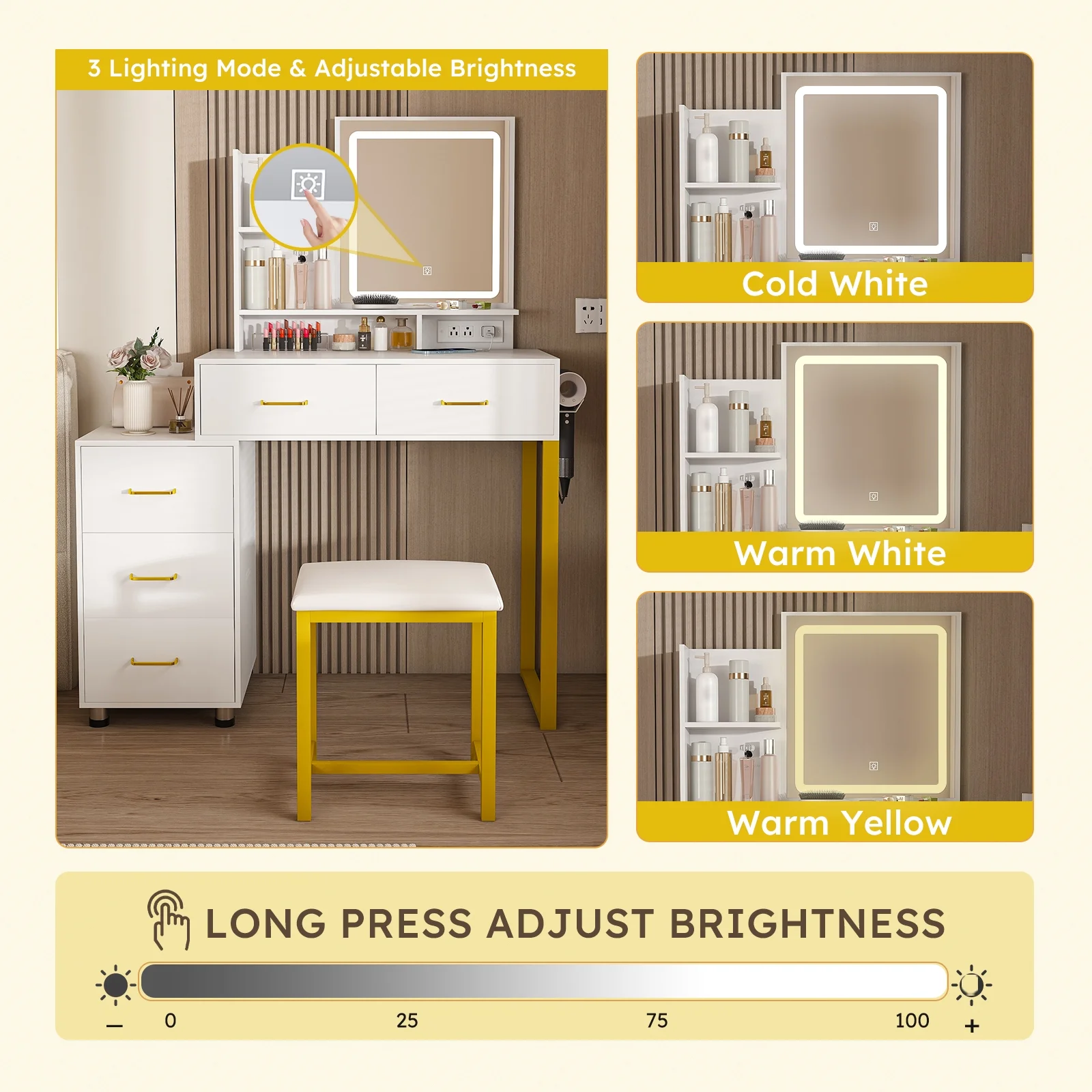 Montary Modern Mini Vanity w/Adjustable LED Mirror + Hidden Storage, Padded Stool & Dustproof Shelves (White) - Image 104