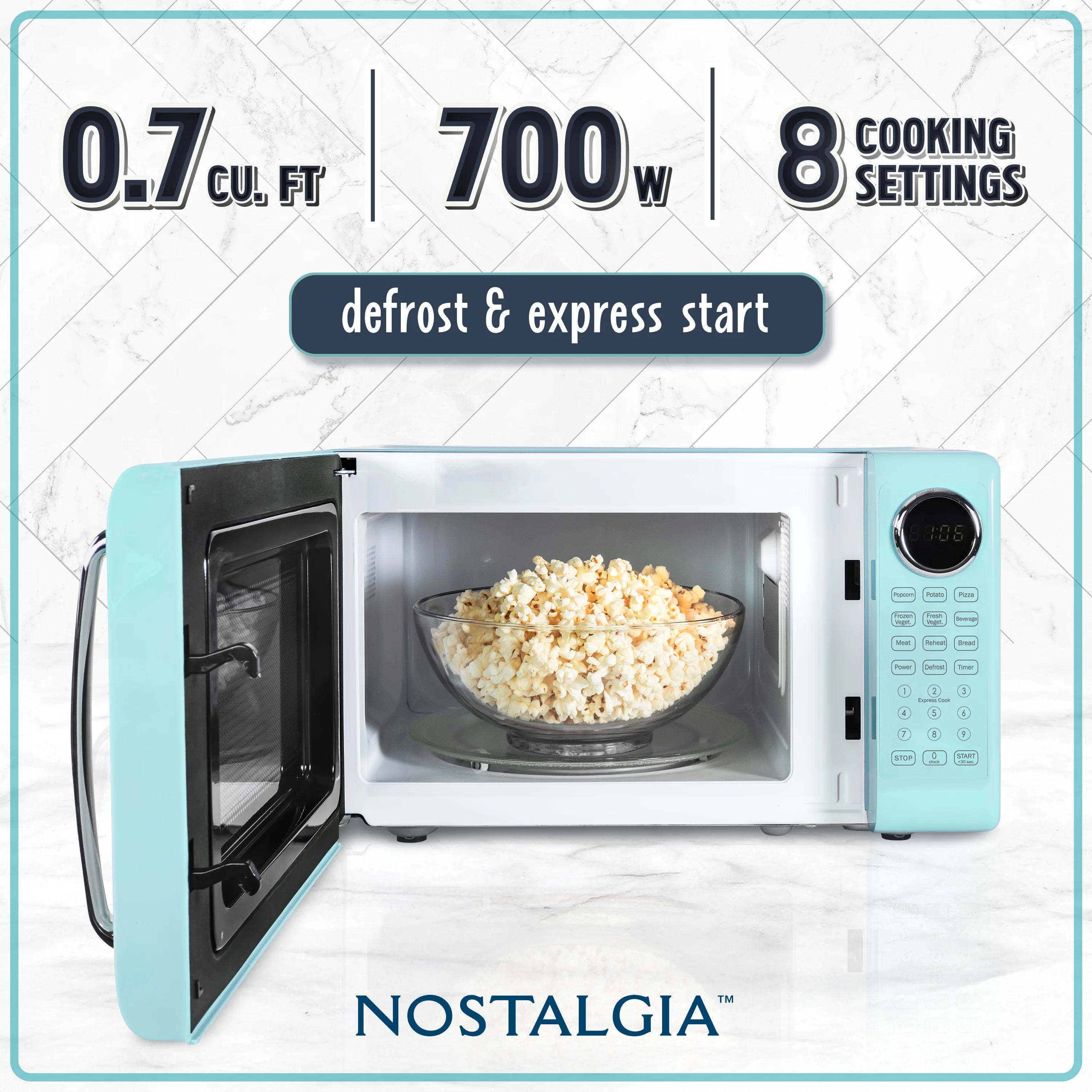 Nostalgia Retro Microwave Oven - 0.7 Cu Ft & 700-Watt Countertop Microwave with Glass Turntable, Child Safety Lock, 8 Auto-Cook Programs & Digital Clock - Aqua - Image 4