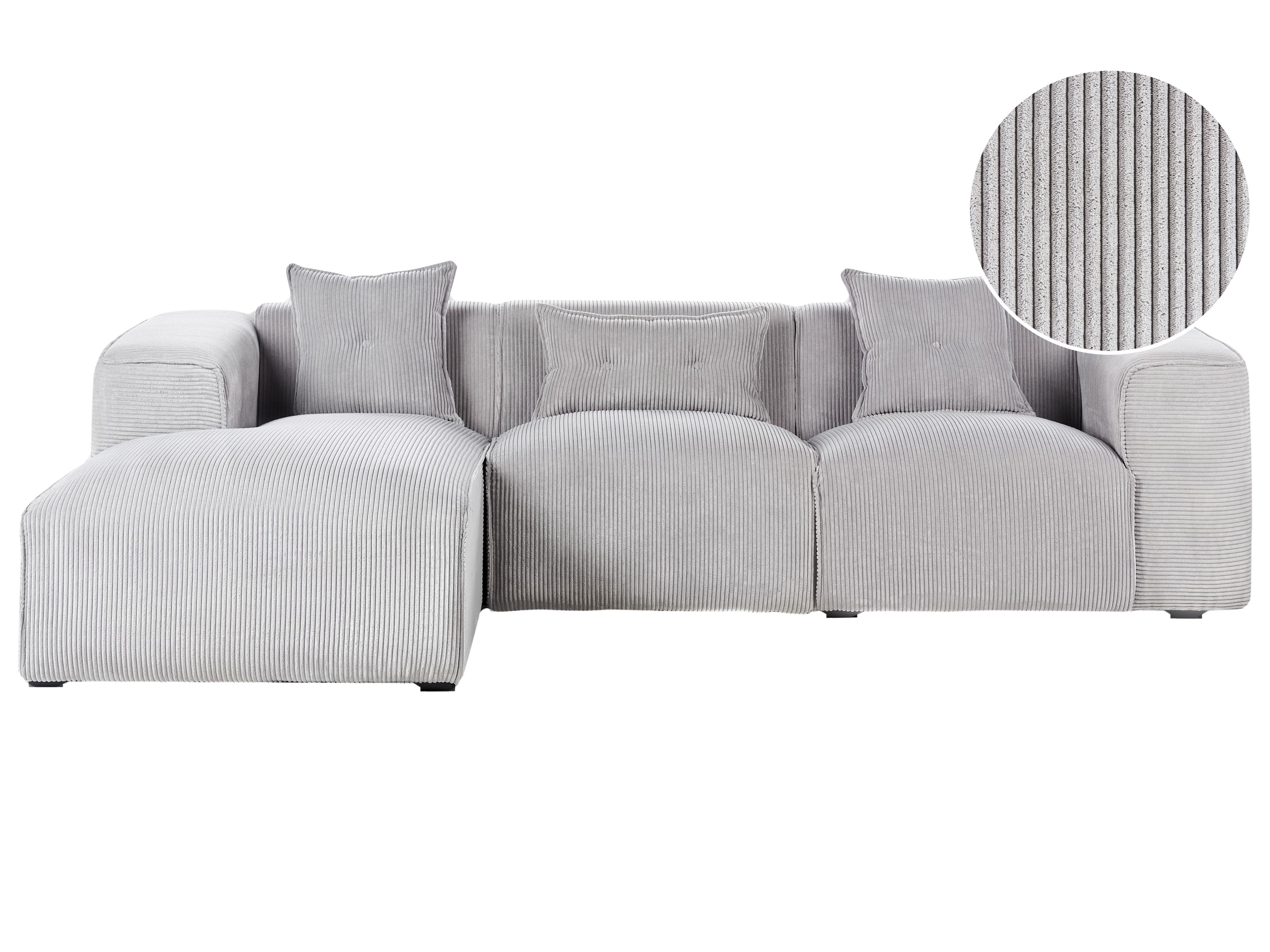 Corner Sofa 3 Seater DOLVA Corduroy Light Grey Right Hand