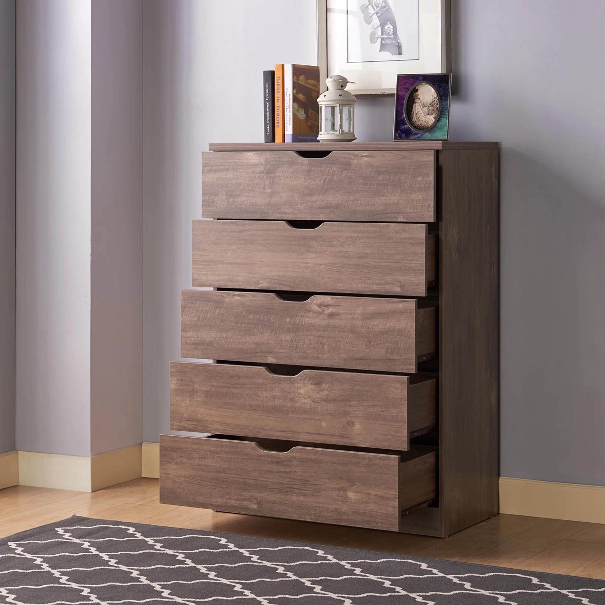 Semiocthome 5 Drawers Dresser Modern Storage Drawer Wood Organizer for Bedroom, Brown, Adult