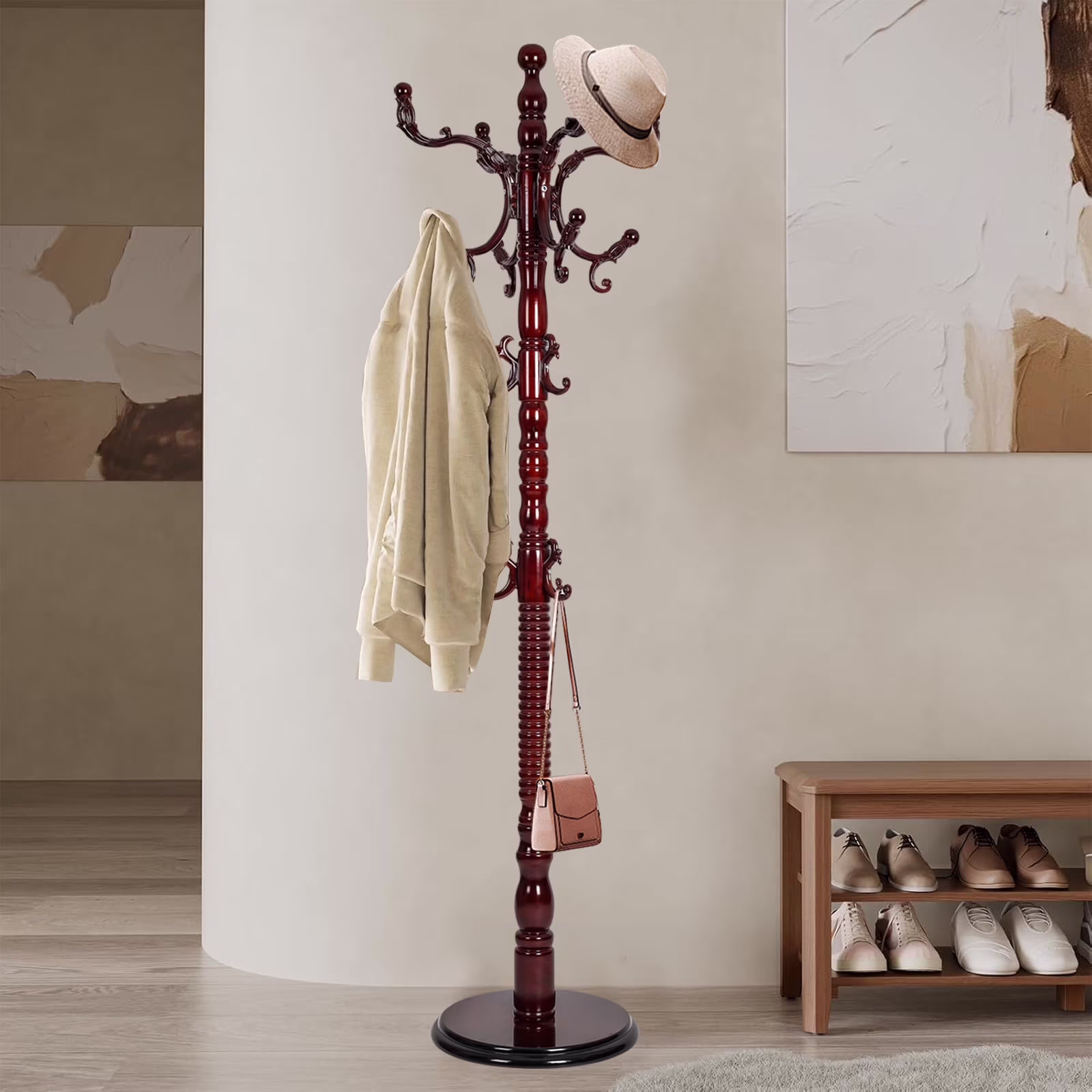 Coat Rack Freestanding, Hall Tree with 11 Hooks, Heavy Duty Wooden Coat Tree Stand, Adjustable Height, Sturdy Base for Bedroom Hallway Office - Load 270lbs - Image 14