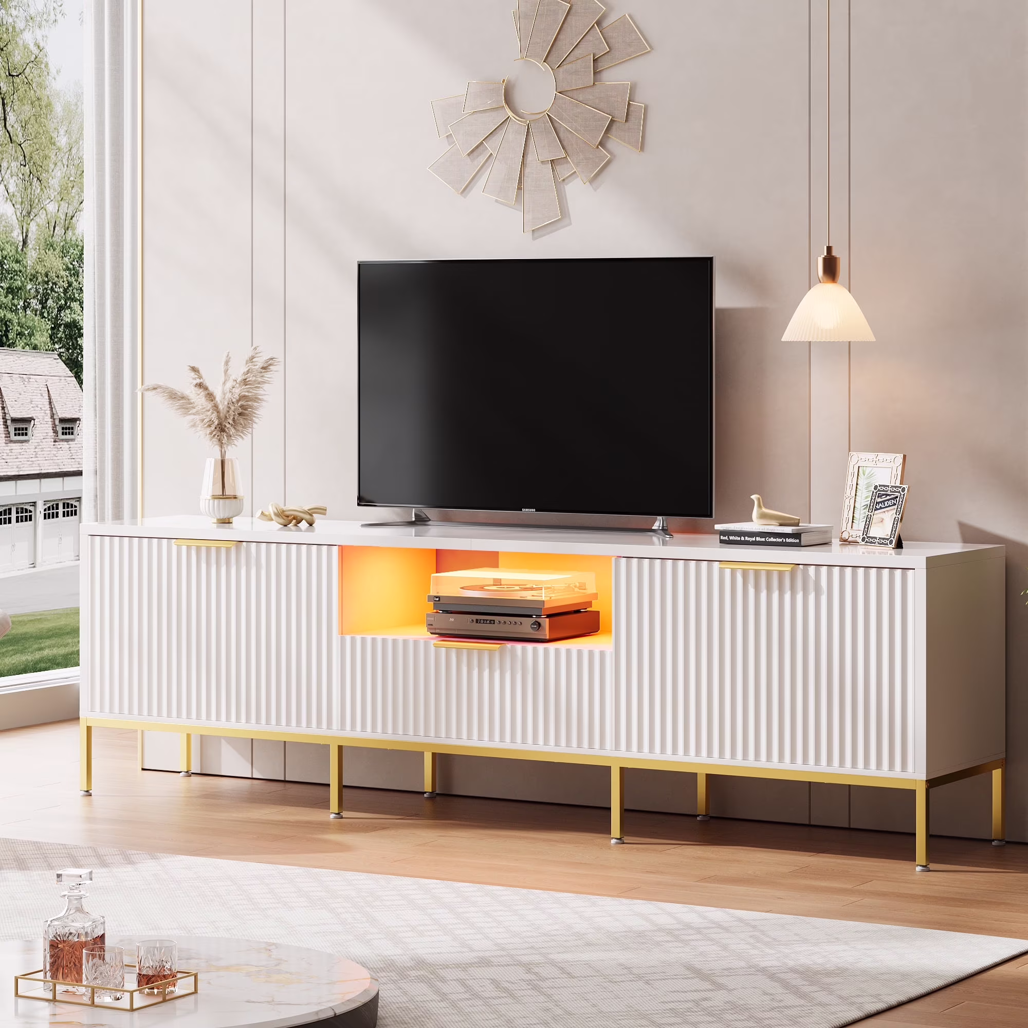 Bestier 55" LED TV Stand for TVs up to 60" Modern High Gloss Entertainment Center with Drawers Cabinets Fluted TV Console, White & Gold - Image 5