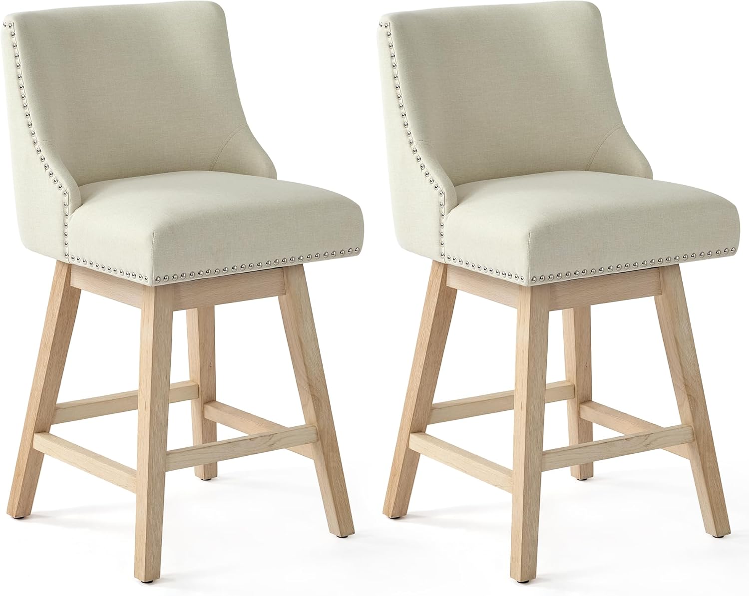 Counter Height Swivel Bar Stools Set of 2, Modern Linen Fabric Swivel Barstools with Back and Wood Legs, Upholstered 26