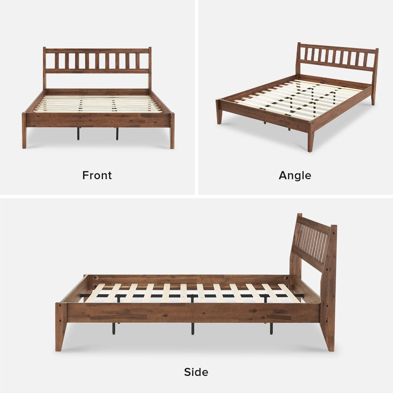 Mopio Ted Queen Bed Frame with Headboard, Full Size Bed Frame, Mid Century Modern Acacia Solid Wood Platform Bed Frame, Wooden Bed Slats, No Box Spring Needed, Double Metal Bar Support, Walnut - Image 10