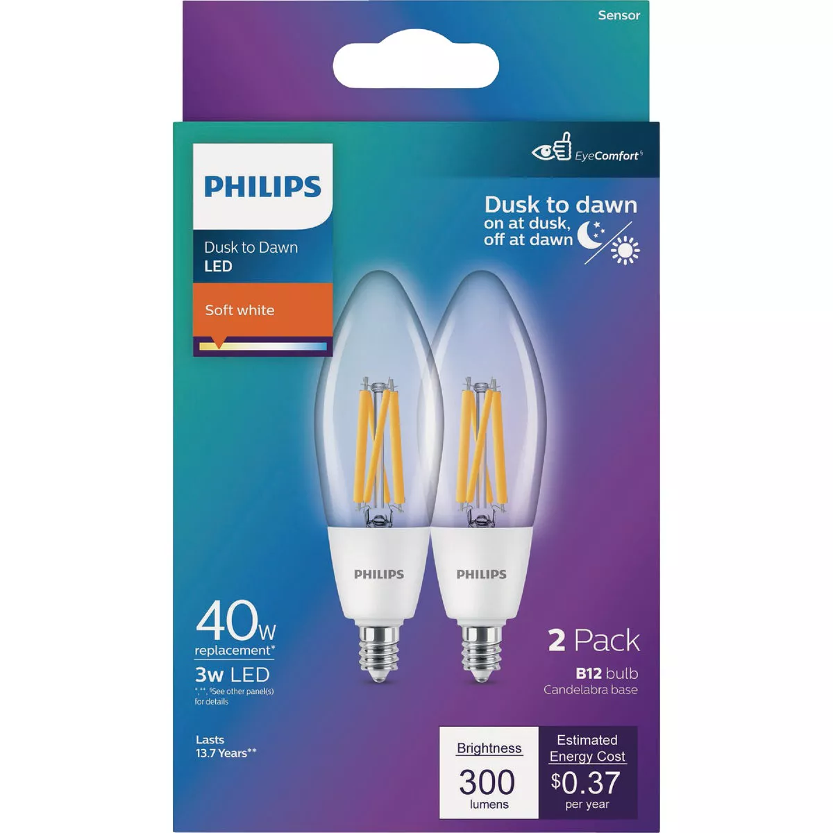 Philips 40W Equivalent Soft White B11 Dusk to Dawn LED Decorative Light Bulb (2-Pack)