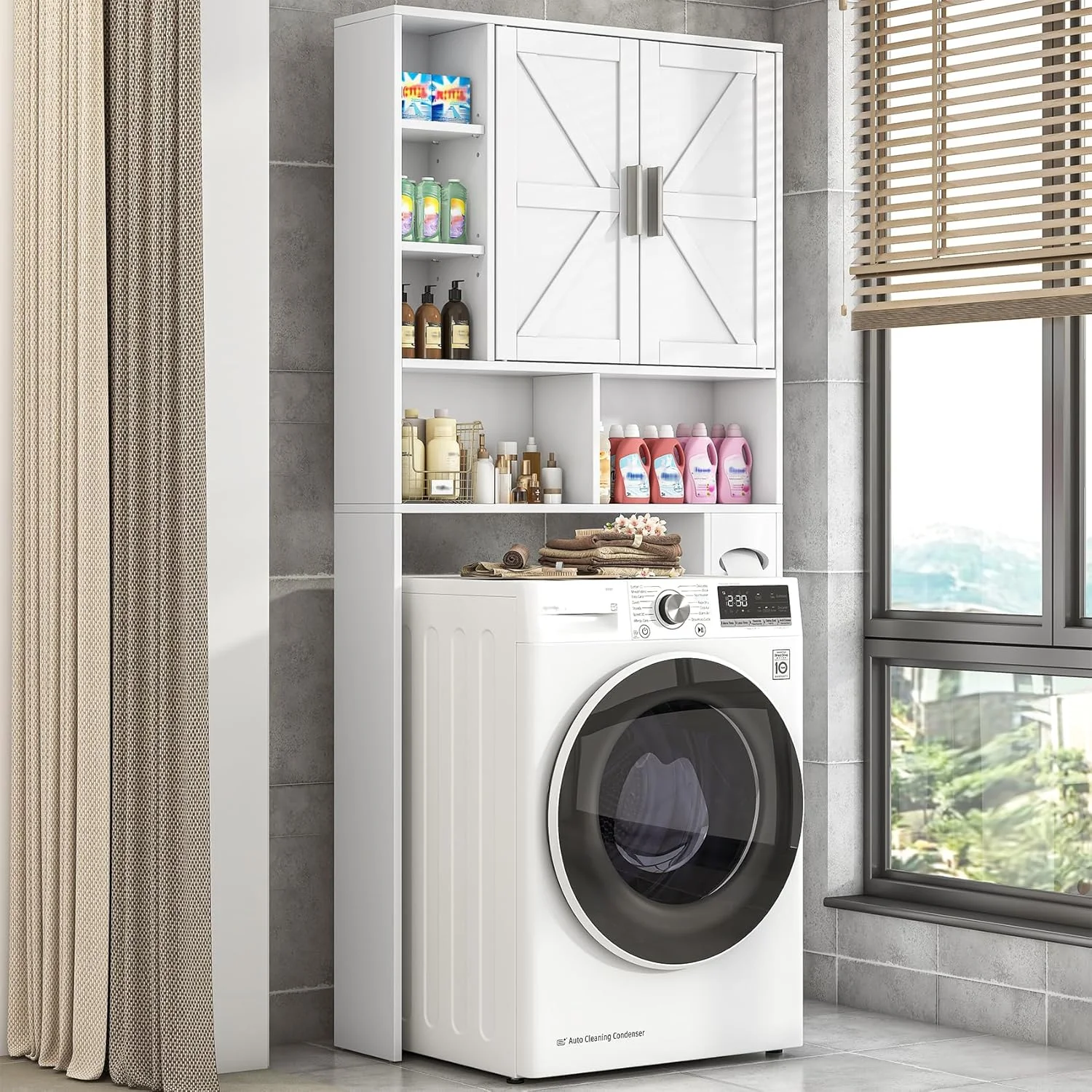 Frmobepts Over The Toilet Storage Cabinet with Toilet Paper Holder Stand, Above Toilet Organizer with Doors, Behind Toilet Shelf for Restroom, Bathroom, Laundry, White