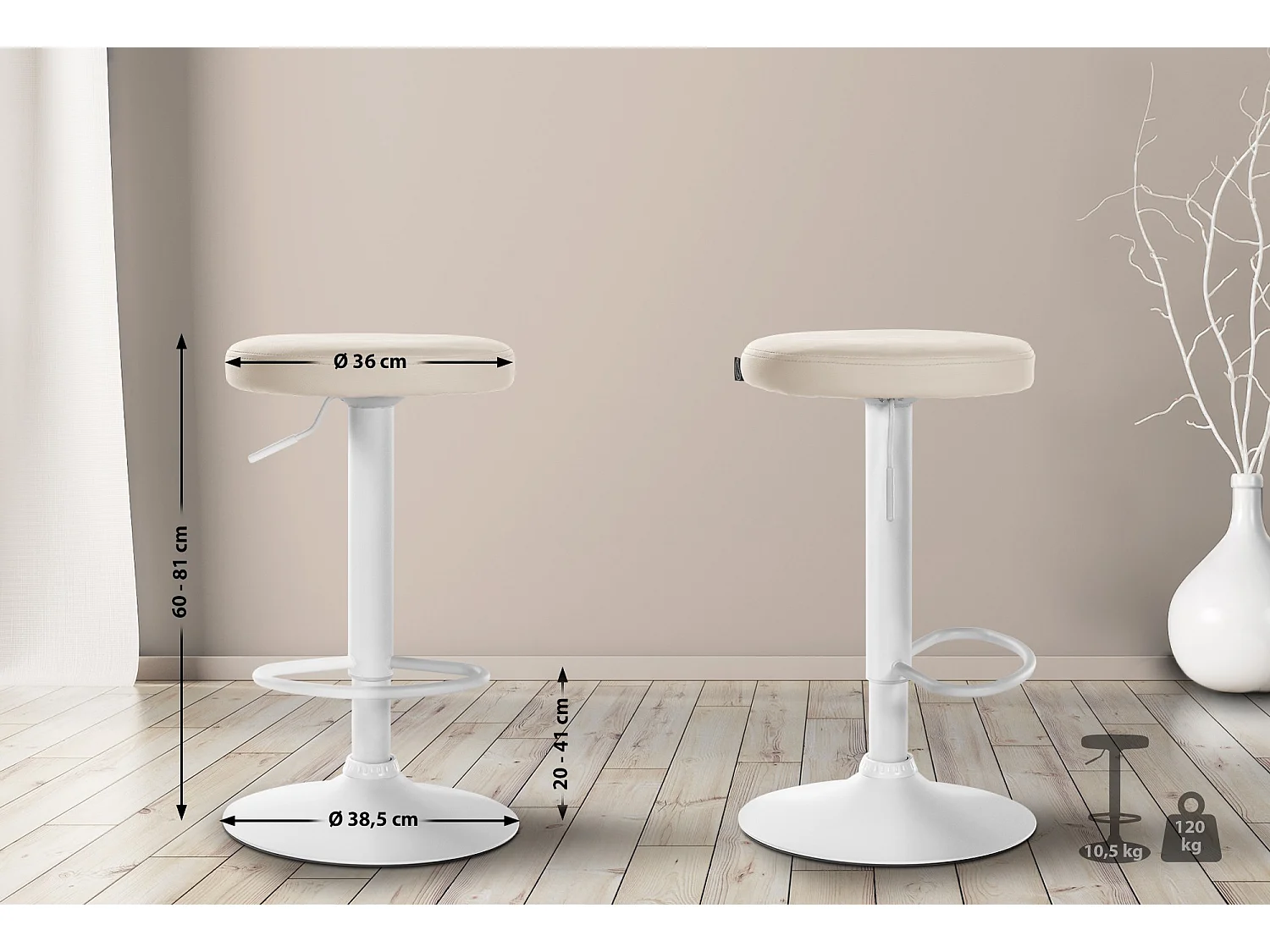 Lot de 2  Tabouret de bar - Similicuir & Métal blanc mat - Crème - Ponte