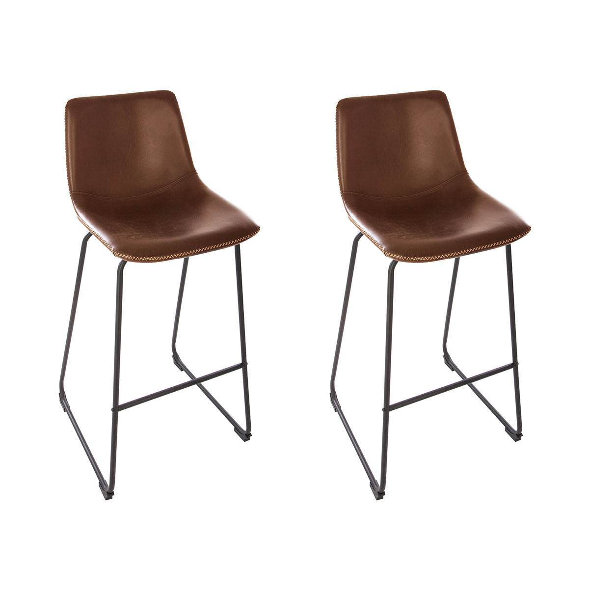 Set of 2 bar stools "Lois" Leather effect, Cognac brown
