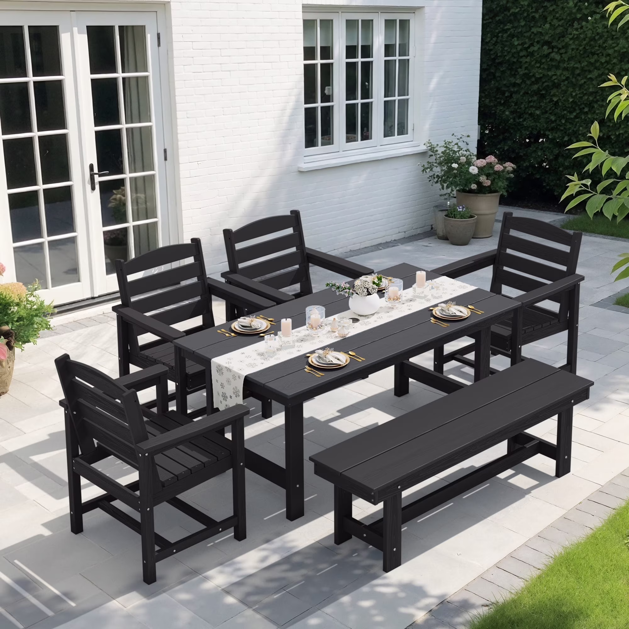 KINGYES 7-Piece Outdoor Dining Set, HDPE Patio Table and Chairs with Umbrella Hole, Gray - Image 3