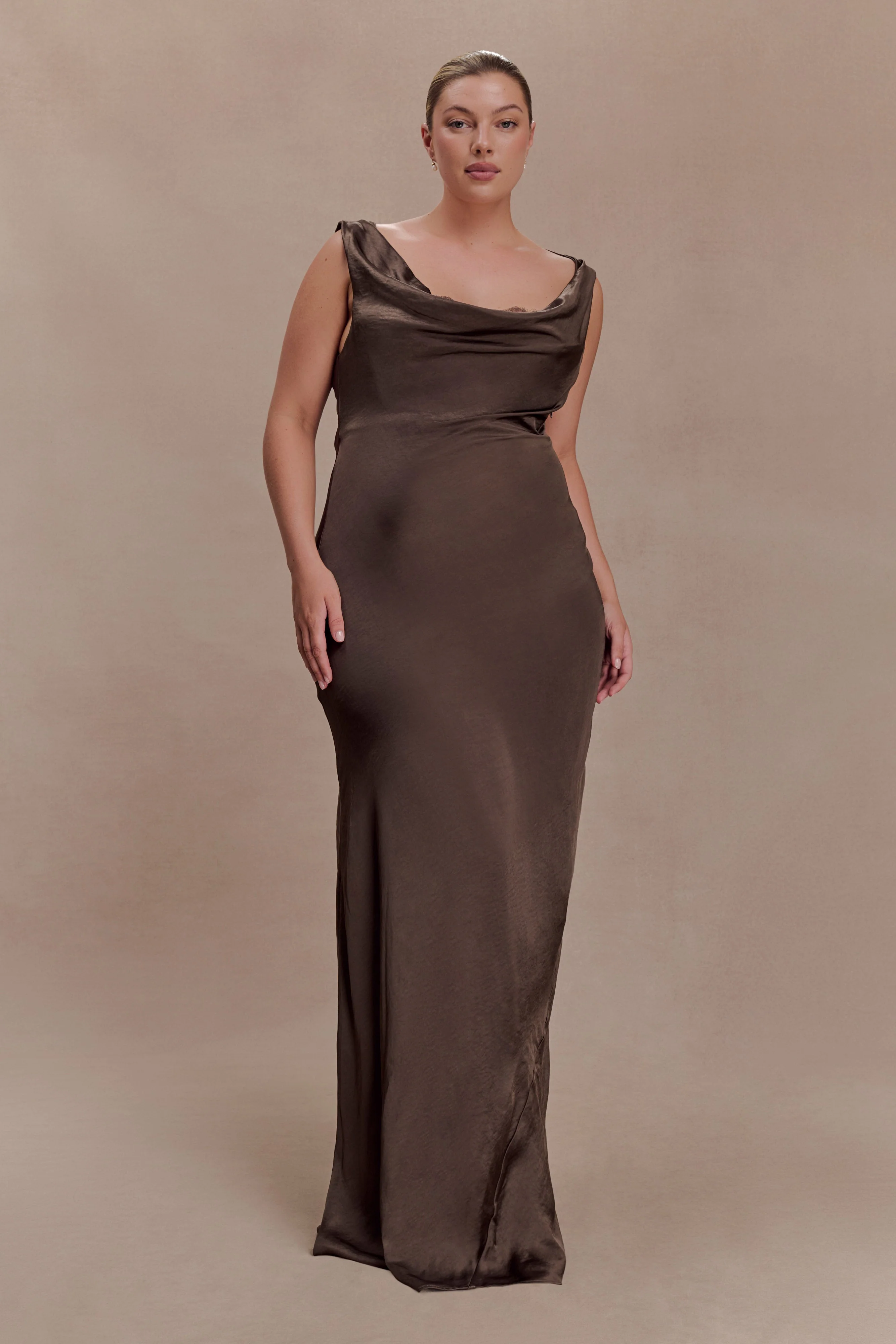 Ashley Cowl Neck Lace And Satin Maxi Dress - Mocha