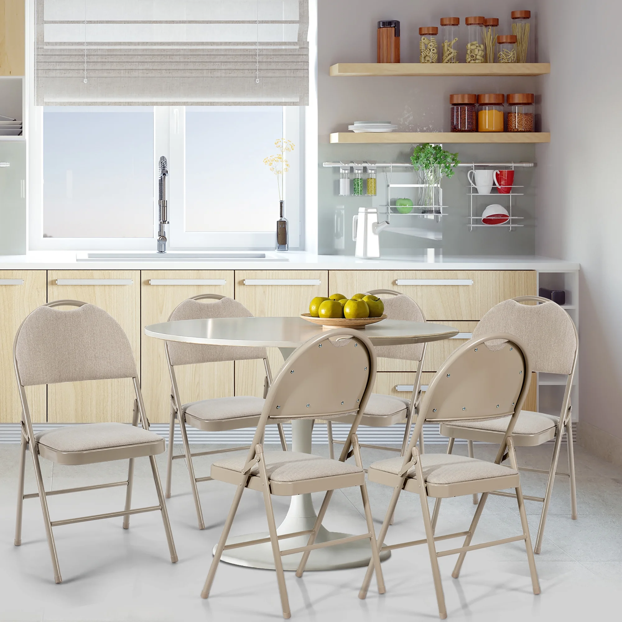 Costway Set of 6 Folding Chairs Fabric Upholstered Padded Seat Metal Frame Home Office Beige