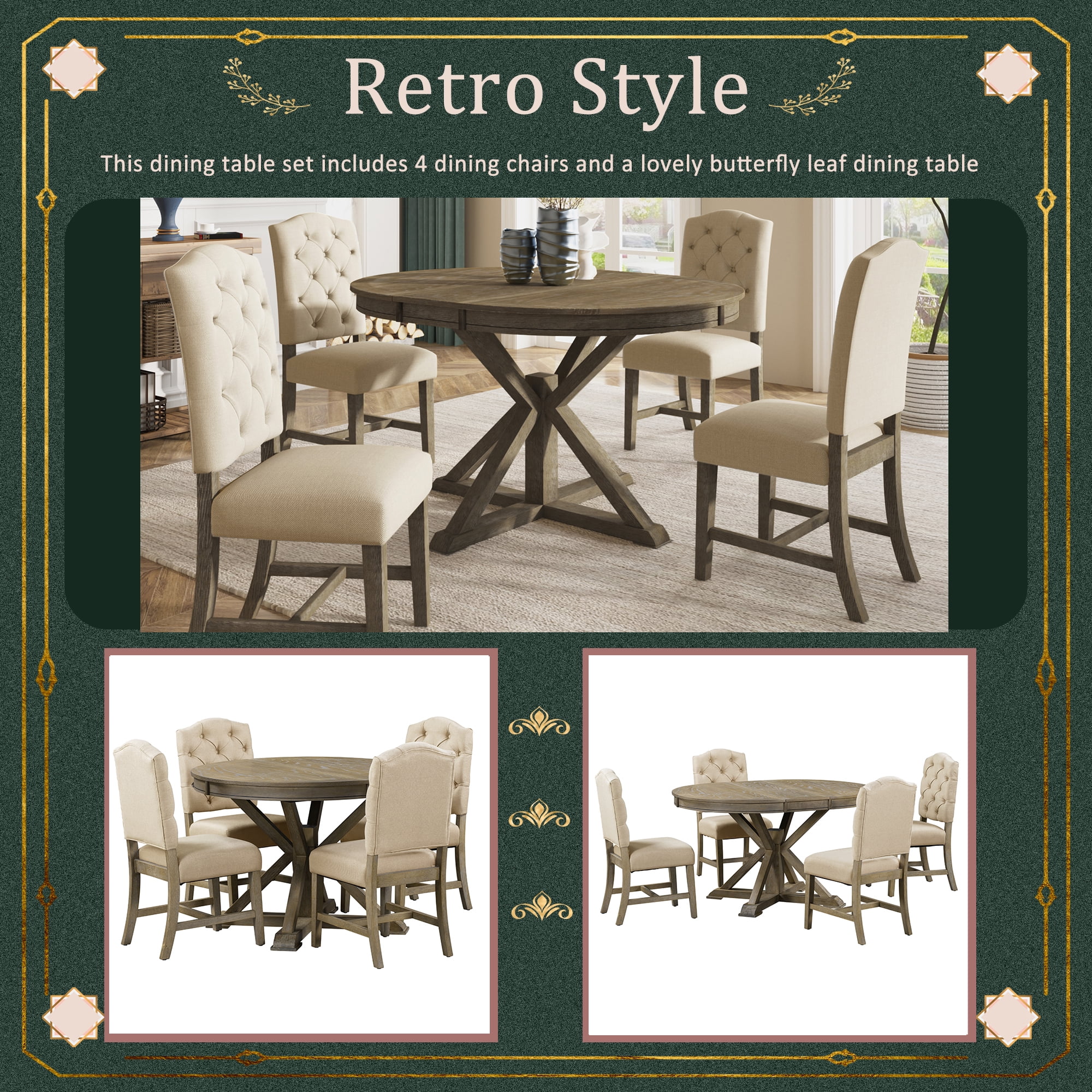 Besthome Farmhouse Extendable Round Kitchen Dining Room Table Set with Upholstered Chairs of 4, 5 Piece Round Dining Table Set with Extendable Table, Espresso - Image 14