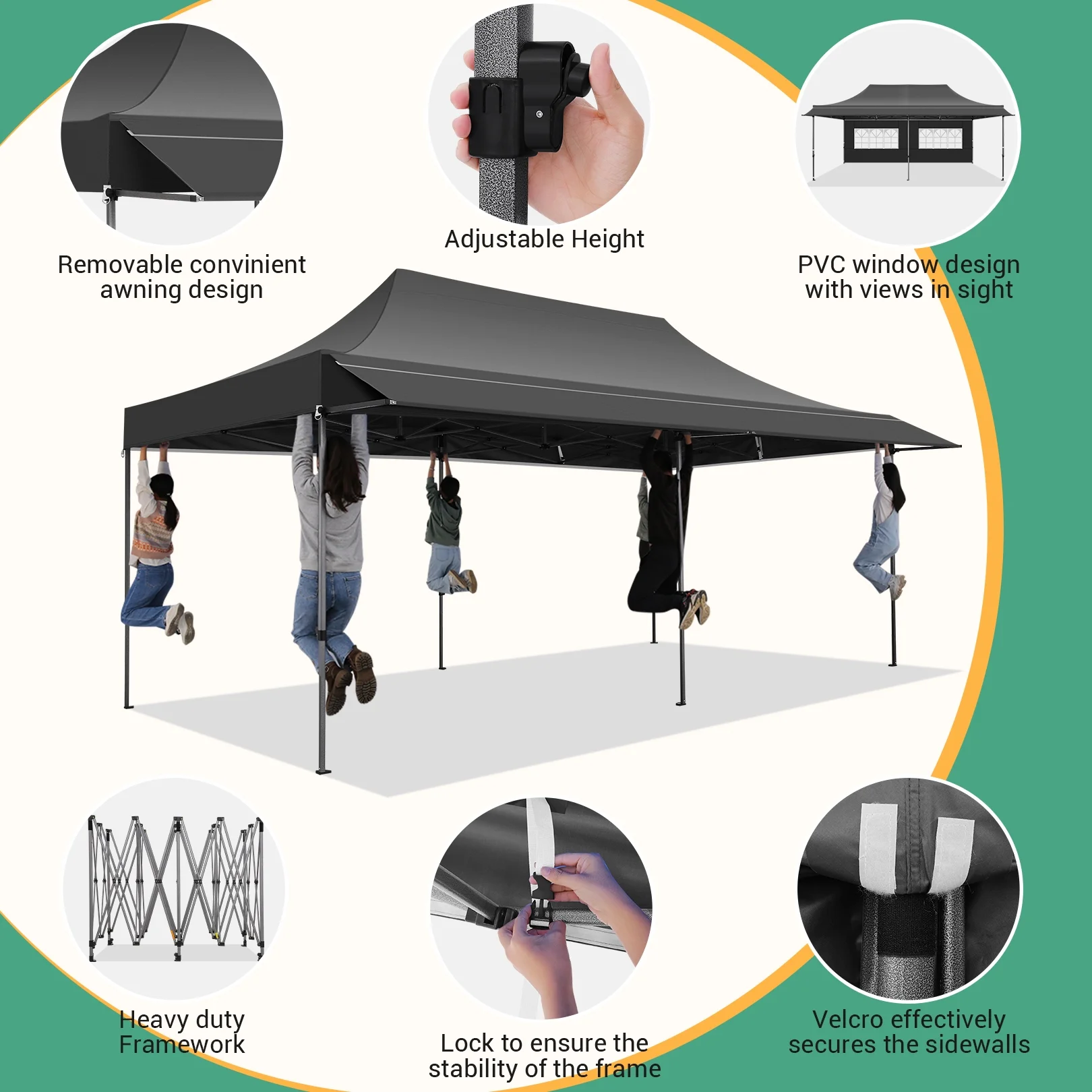 COBIZI 10x20 Pop Up Canopy Heavy Duty Party Tent with Removable Awning and Sidewalls,Easy Up Outdoor Wedding Canopy,Gazebo All Season Windproof&Waterproof with Roller Bag UPF 50+,Black - Image 11