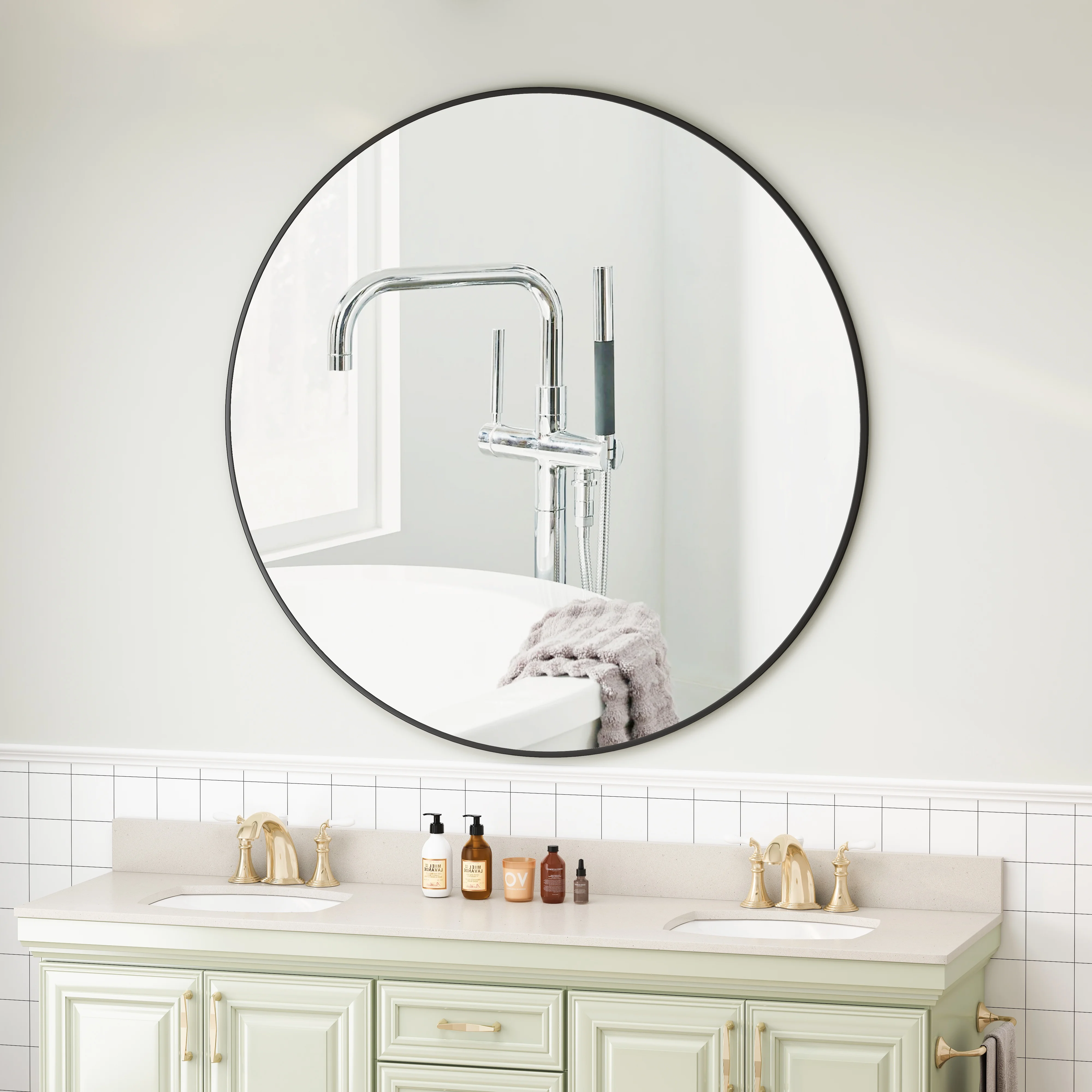 DUOSONG Wall Mirror 42 Inch Black Circular Mirror Metal Framed Mirror Round Vanity Mirror Dressing Mirror, For Bathroom, Living Room, Bedroom Wall Decor Black Glass Mirrors Bathroom Mirrors