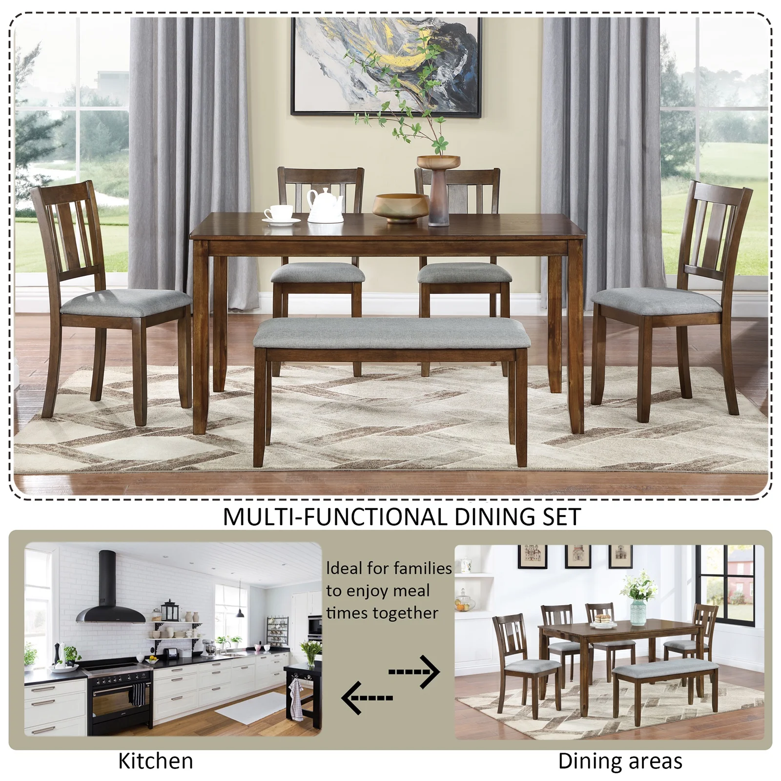 Dining Room Set, LEGAHOME 6 Piece Dining Sets with Bench and Chairs, Solid Wood Kitchen Dining Table Set for 6 with Upholstered Chairs, Gray - Image 30