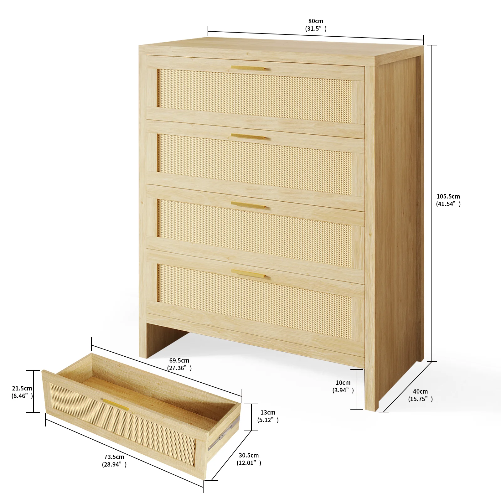 Richya Rattan Dresser with 4 Drawers, Wood Storage Cabinet for Living Room, Hallway, Nursery ,Bedroom