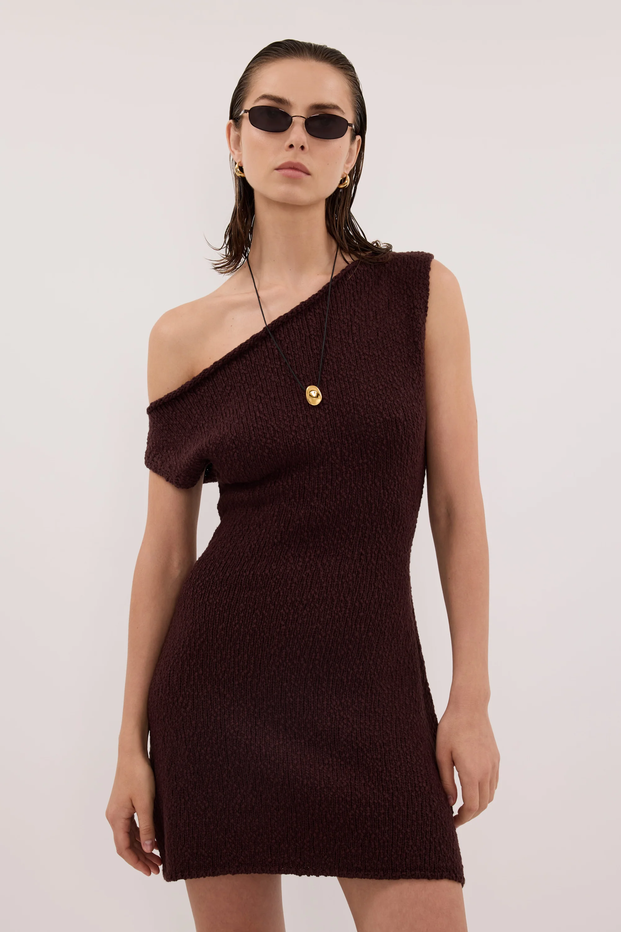 DINA CHOC ASYM KNIT MINI DRESS