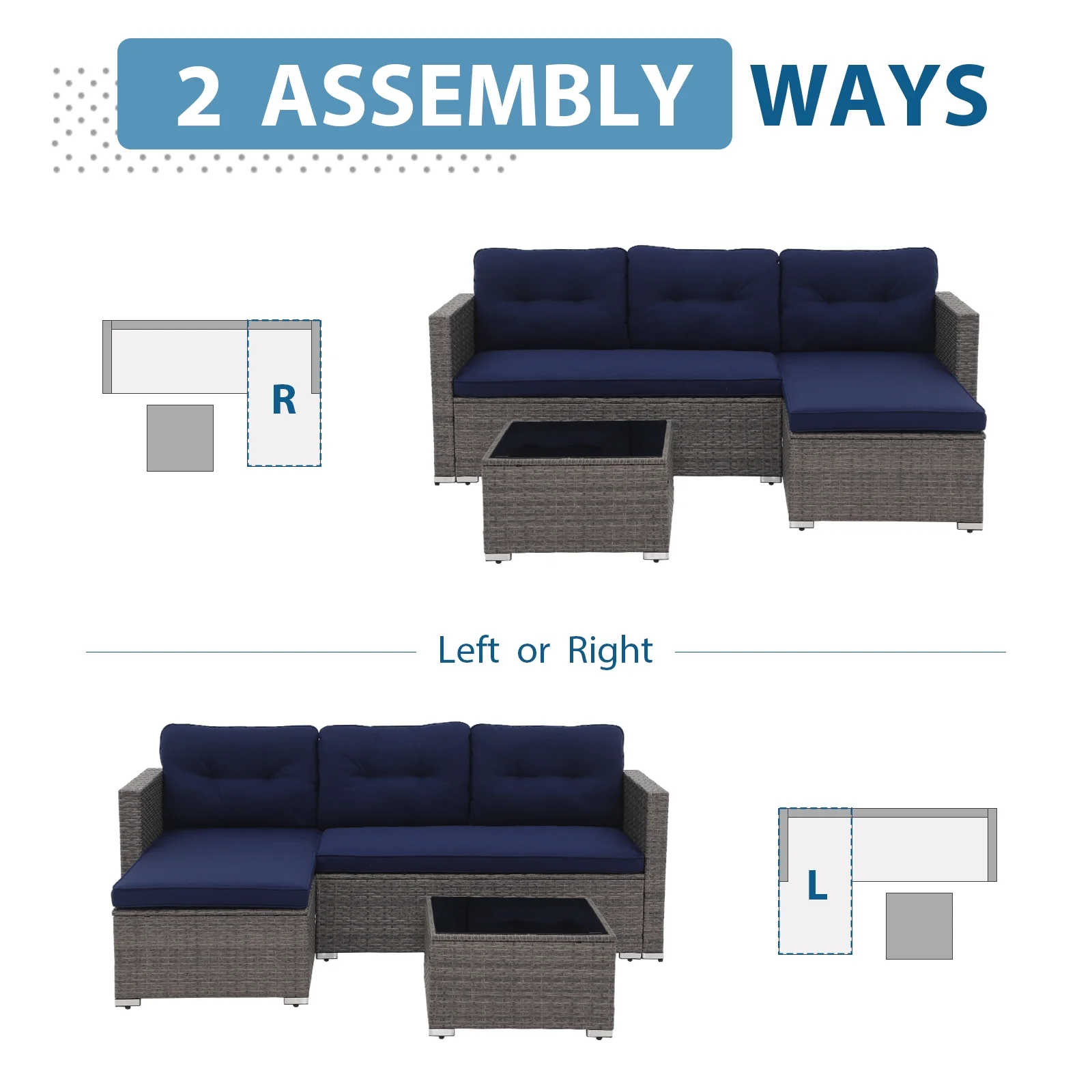 JOIVI 3 Pieces Patio Conversation Set, PE Wicker Rattan Outdoor Furniture Set, 2 Ways Small Sectional Sofa, Tempered Glass Coffee Table, Silver-Gray - Image 35