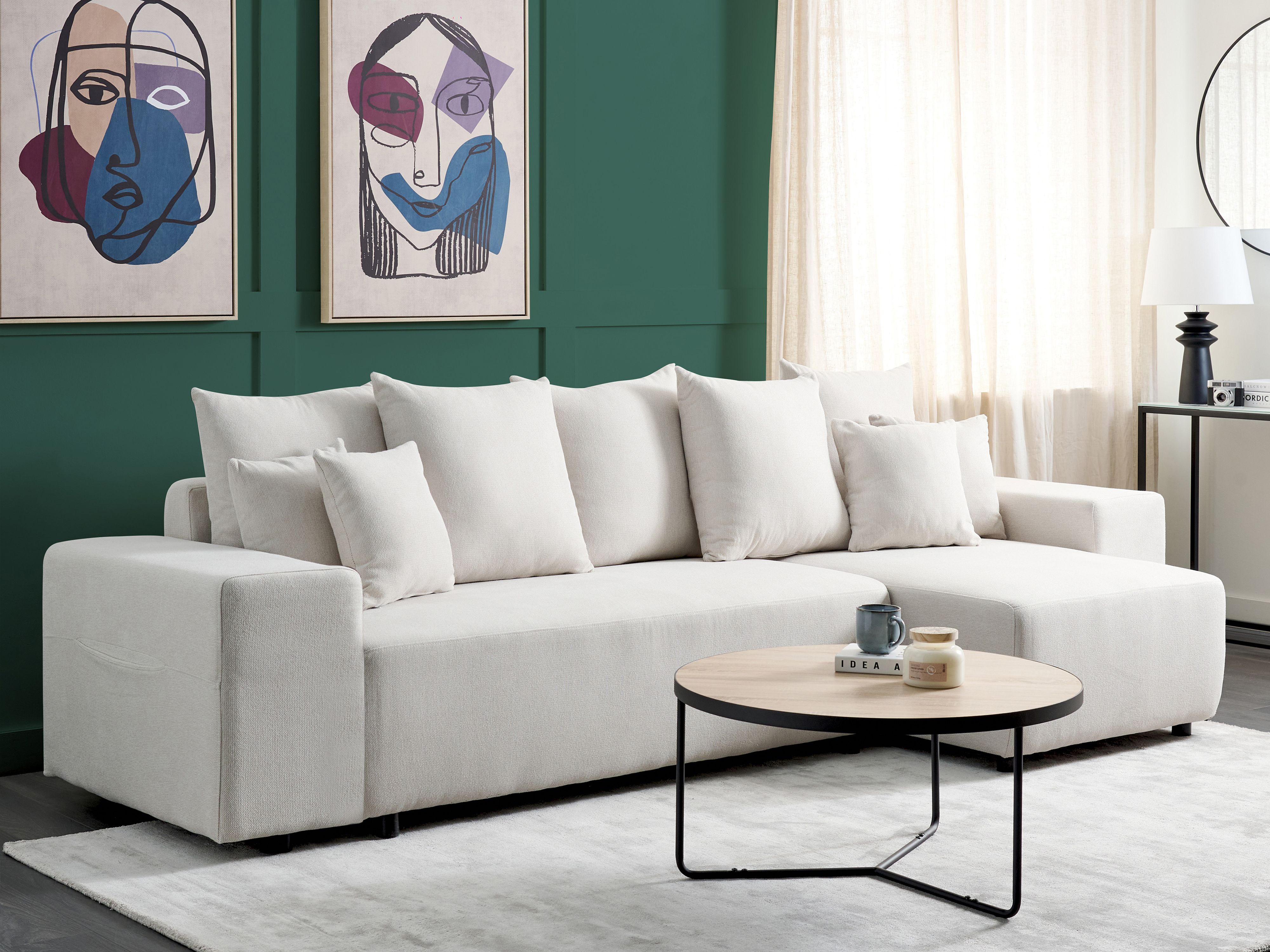 Corner Sofa Bed 3 Seater LUSPA Fabric Light Beige with Storage Left Hand