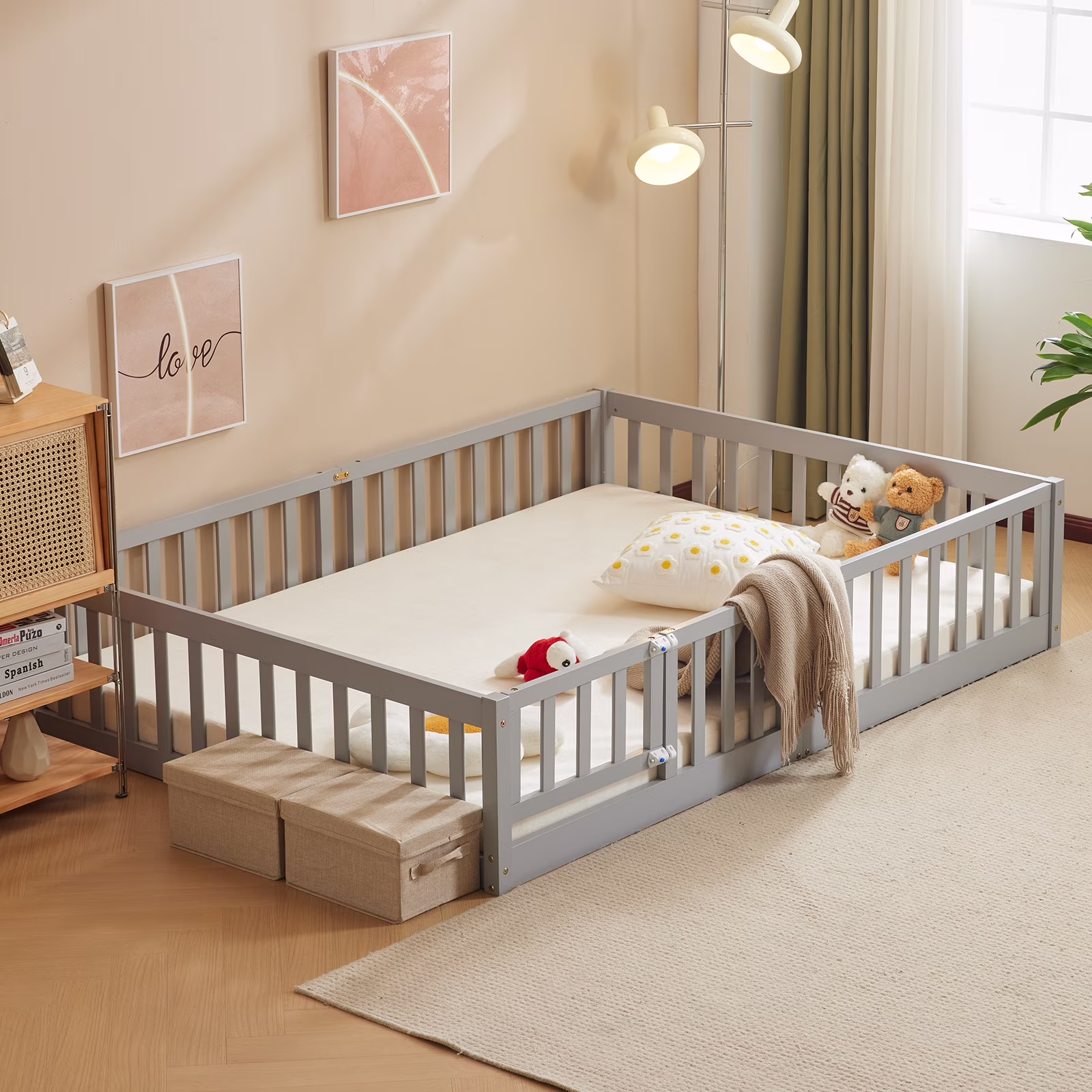 Zimtown Montessori Floor Bed Frame, Full Size Kids Toddler Bed with Fence and Door, Wooden Platform Bed, White - Image 6